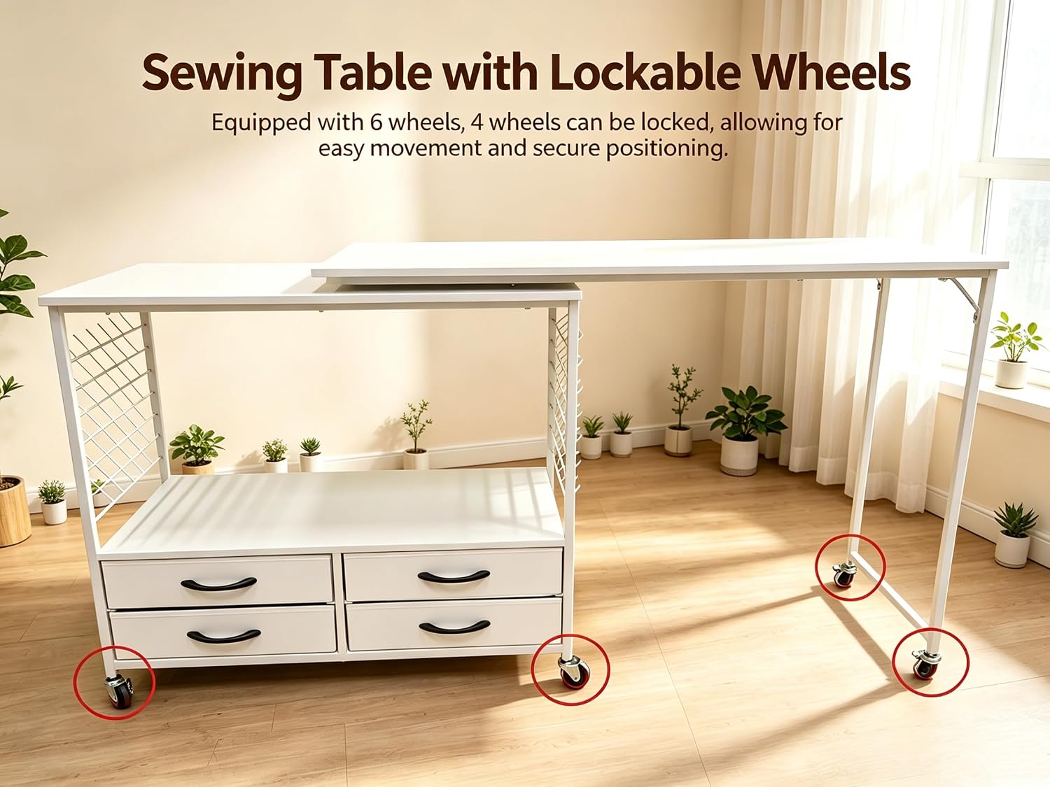 Detalle 1 de Lanlelin Standard Folding Sewing Table with Storage, 70 Pegs and 4 Drawers