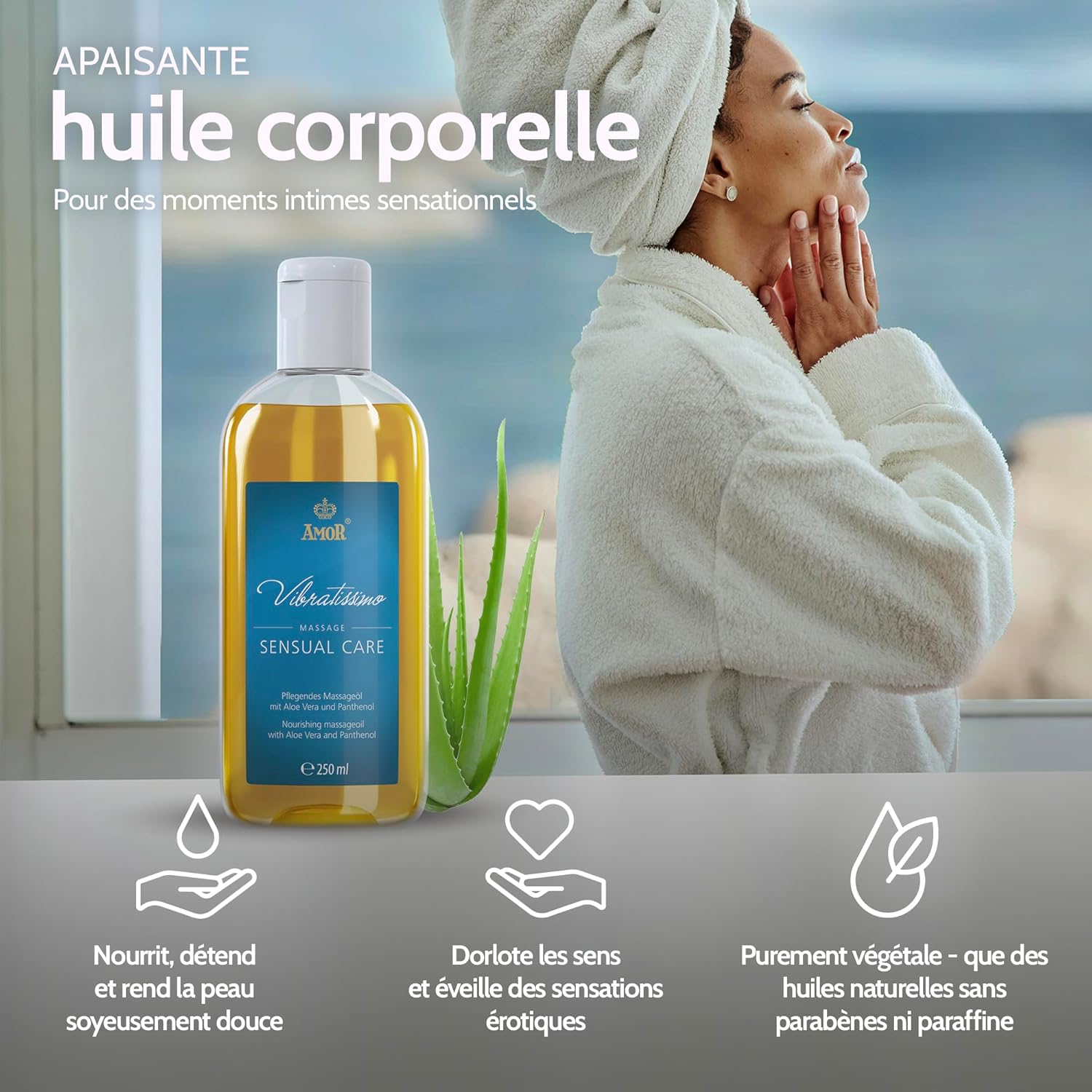 Detalle de Vibratissimo Sensual Care — Huile de massage nourrissante à l’aloe vera, 250 ml