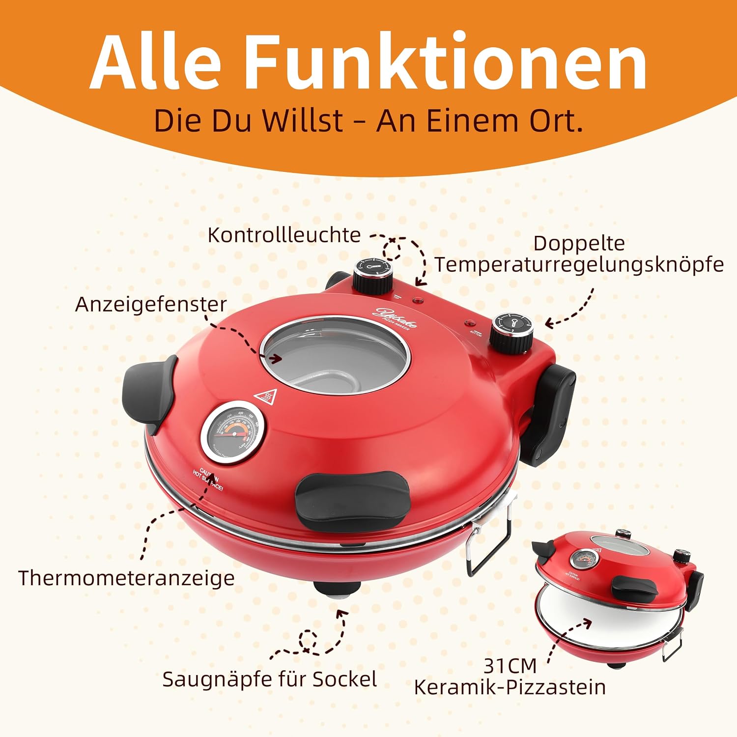 Detalle 2 de YIBAKE Elektrischer Pizzaofen mit Pizzastein (1200 W) bis 420 °C, 31 cm – für 4-Minuten-Pizzen