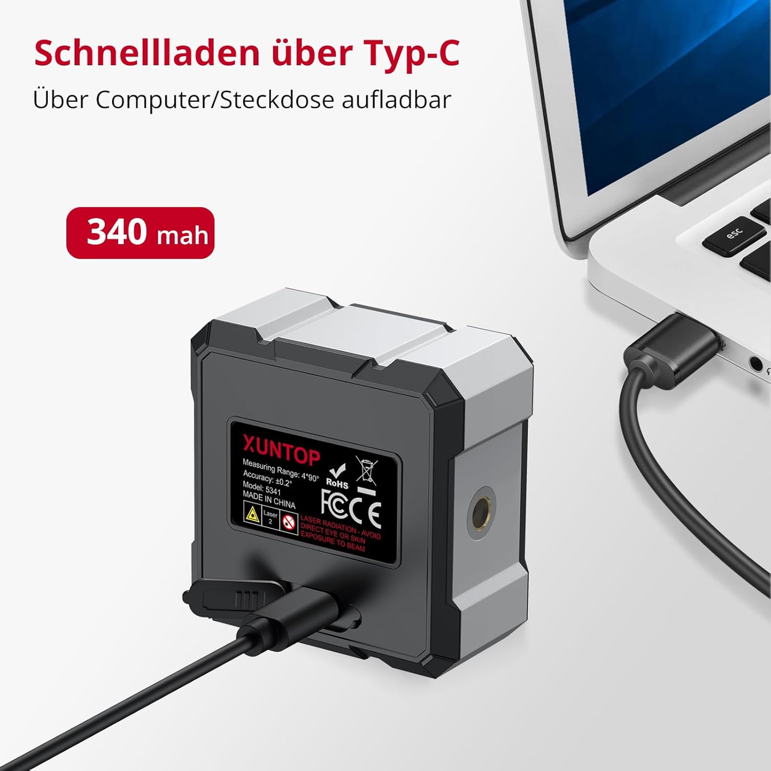 Thumbnail 3 de XUNTOP Digitaler Winkelmesser Neigungsmesser mit Laser-Wasserwaage und LCD-Display – IP54, magnetisch, USB-C