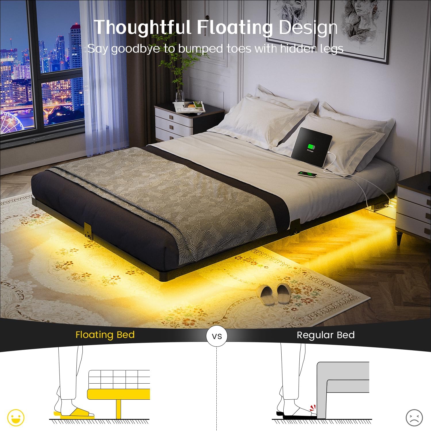 Detalle de OLEVS BF-F-005 Full Metal Platform Bed Frame with LED Lights and Charging Station