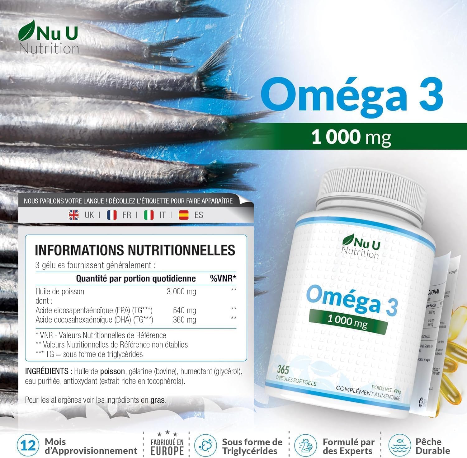 Detalle 2 de Omega 3 Fish Oil 1000 mg - Nu U Nutrition, 365 gélules: vitamine essentielle pour cœur, vision et cerveau
