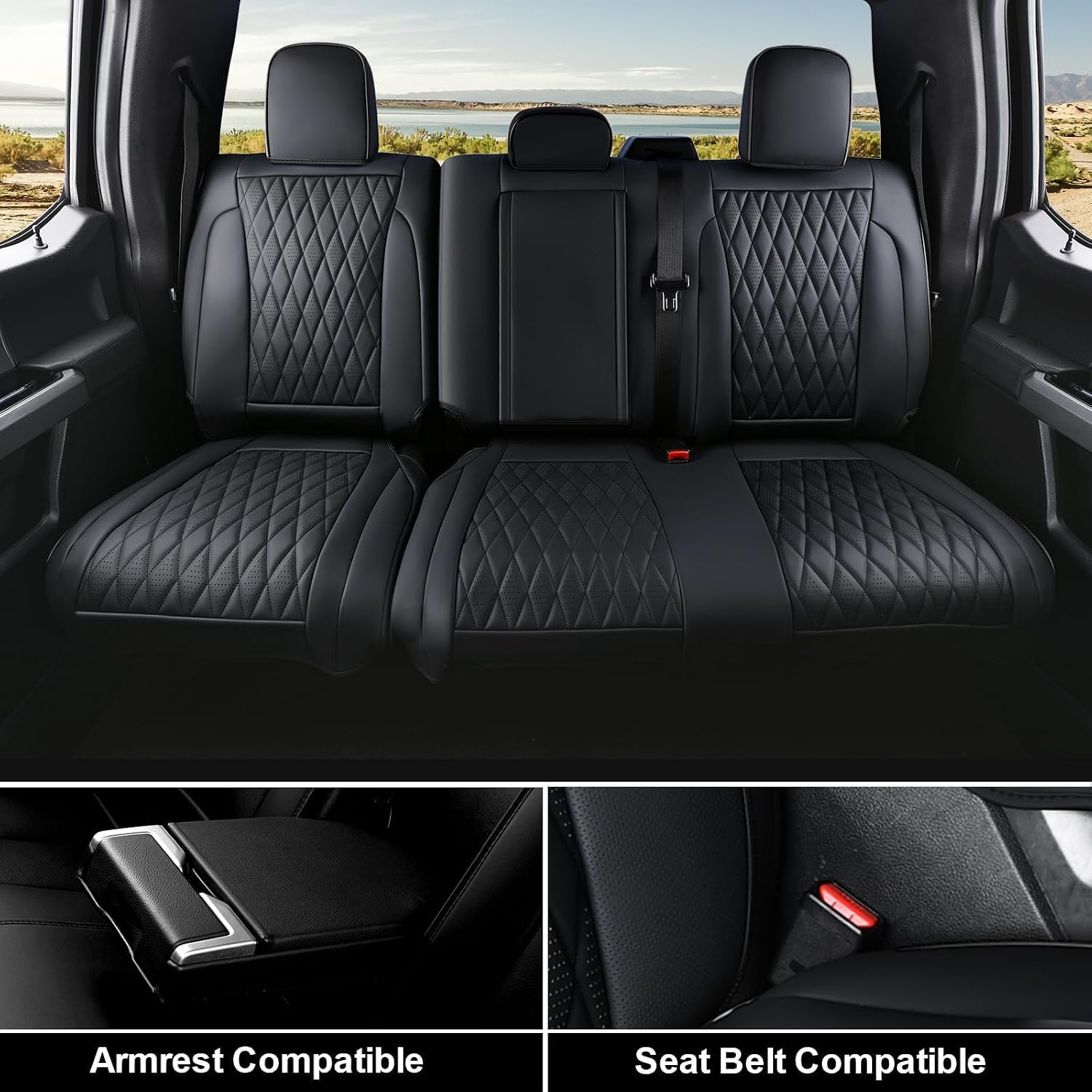 Detalle 2 de Coverado Leather Seat Covers Full Set for Ford F-150 F-250 F-350 F-450 (Black) — Crew Cab Only, Waterproof, Heated/Cooled Compatible
