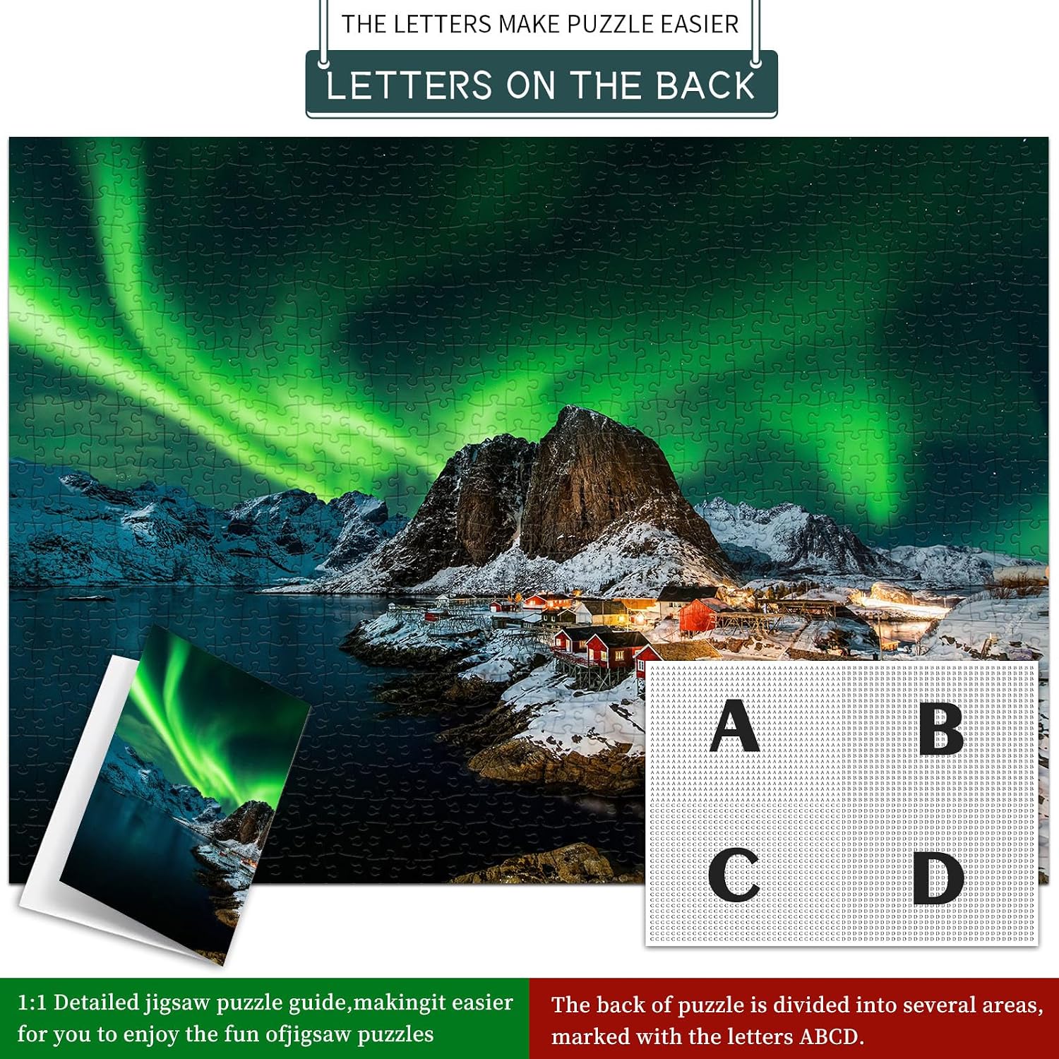 Detalle de Puzzle 1000 Teile – Klassisches Norwegen „Aurora Borealis“ (70 x 50 cm) mit Poster