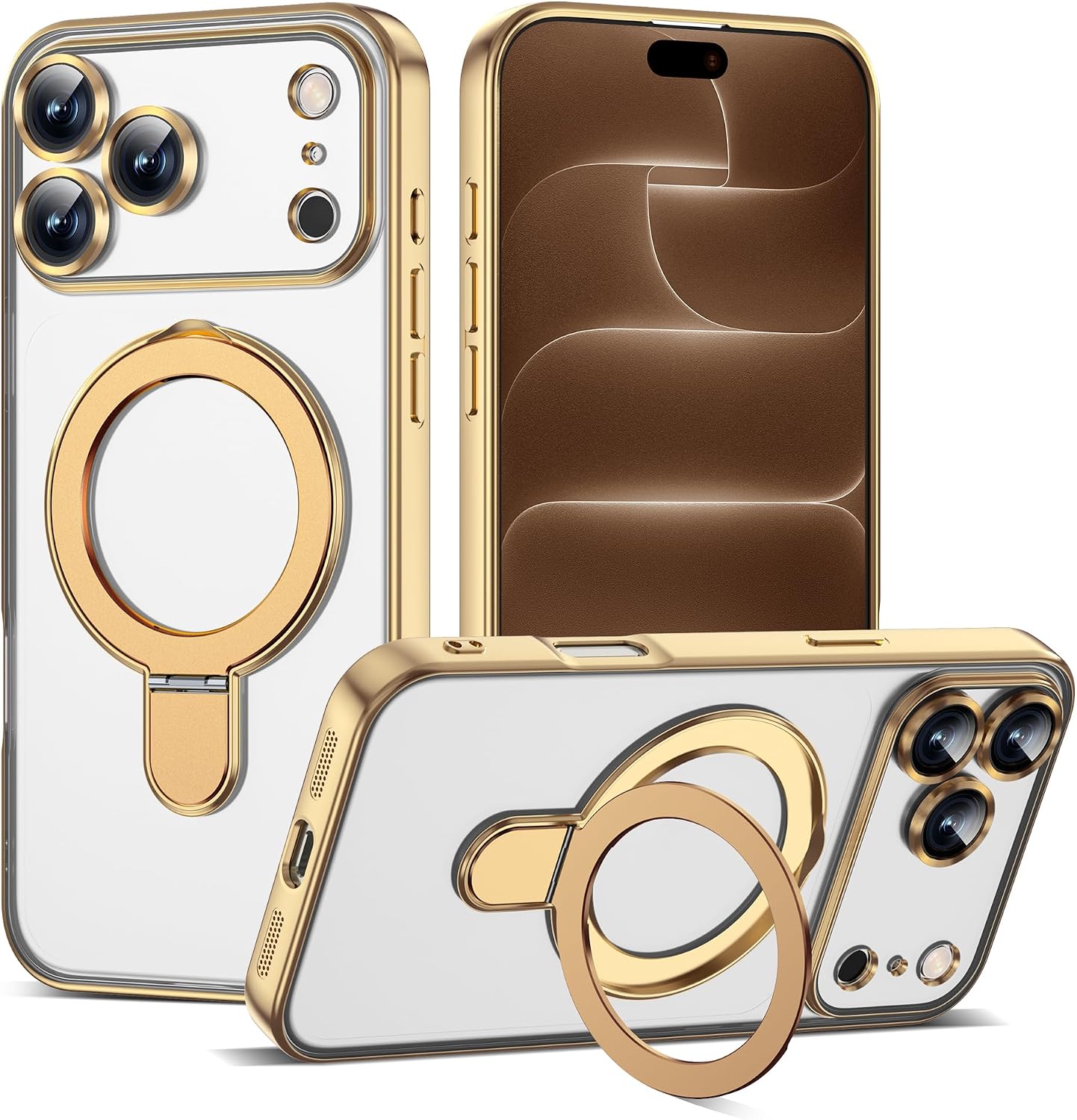 Detalle de ETPESOK Clear Case for iPhone 18 Pro, Gold Plating, Magnetic Ring Stand