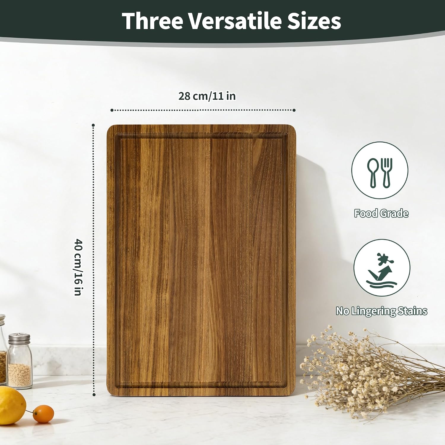 Detalle 1 de WILLKOMMEN Teak Wood Cutting Board, 40 x 28 cm with Juice Groove and Handles