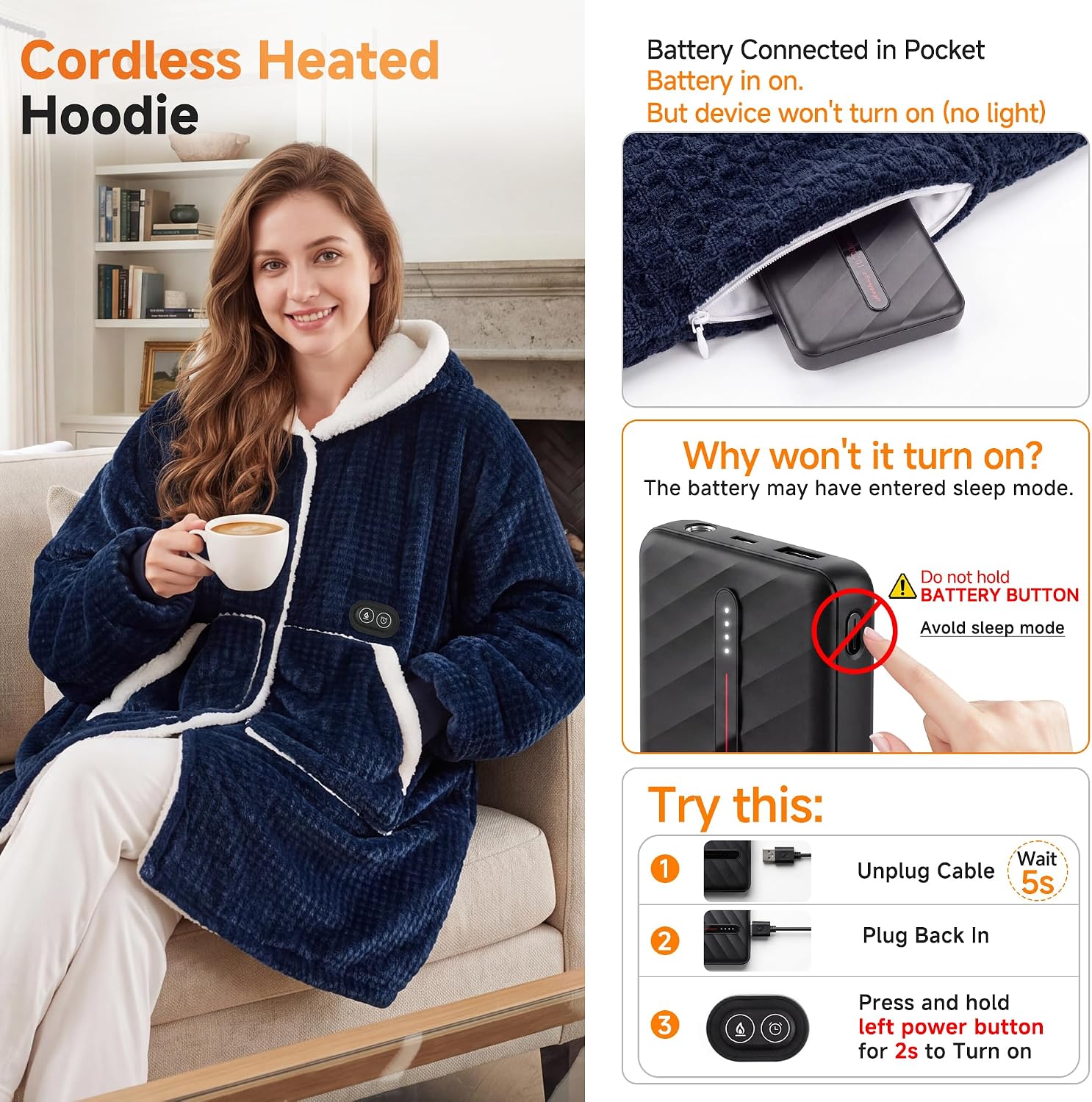 Detalle 2 de HOTHUGZ YHC-J5 Heated Wearable Hoodie, 5-Zone Heat, Sherpa Fleece