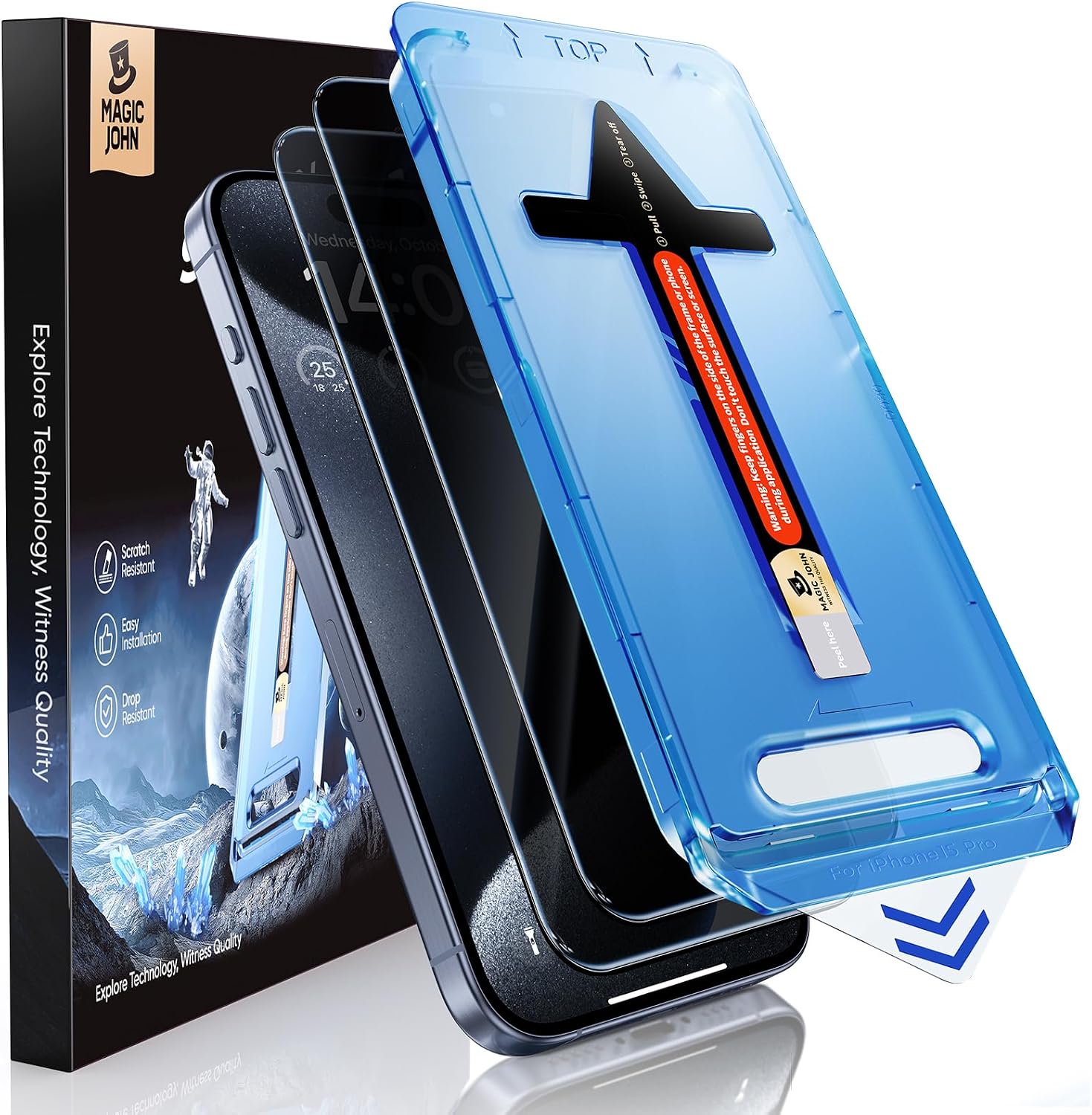 Detalle de MAGIC JOHN 2-Stück Displayschutzfolie für iPhone 15 Pro (6,1 Zoll) mit Sichtschutz, 28° Blickwinkel, 9H, Staub-Entfernung und Blasenfrei-Installation