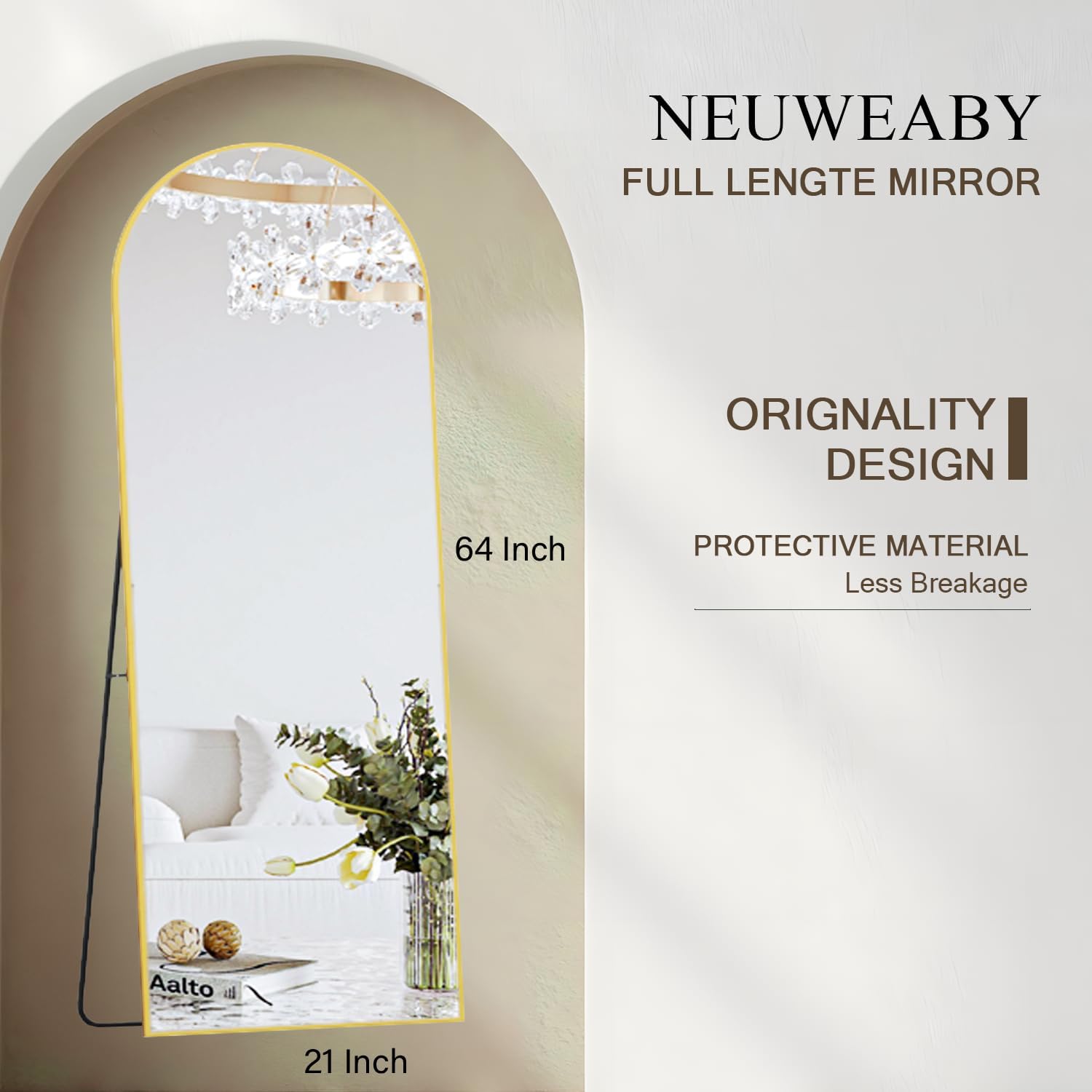 Detalle de NEUWEABY 64" x 21" Arched Full-Length Mirror with Stand, Gold Metal Frame