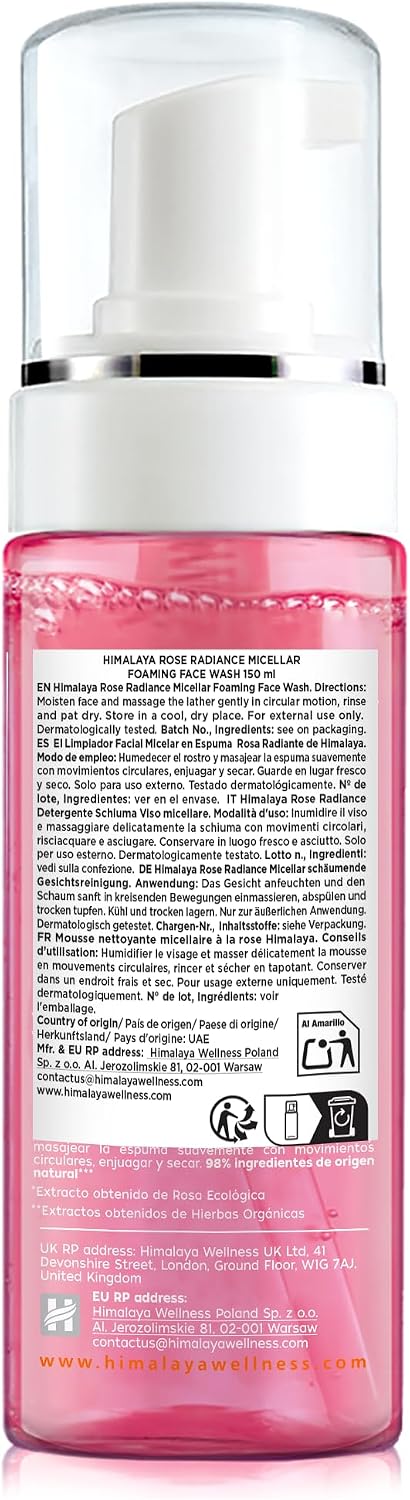 Detalle de Himalaya Rose Radiance Detergente viso con schiuma micellare, 150 ml – rimuove trucco impermeabile