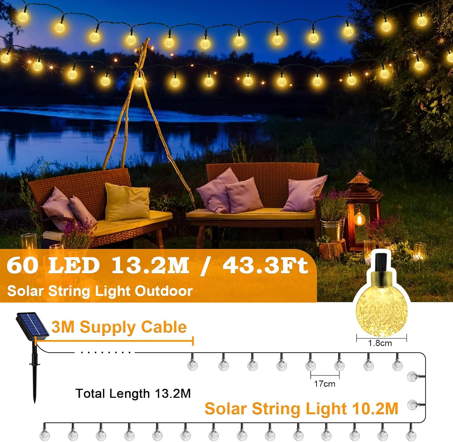 Detalle de Goffii Lichterkette Außen Solar wetterfest – 60 LED Warmweiß, 3 m Kabel + 10,2 m Lichterkette, IP65, 8 Modi