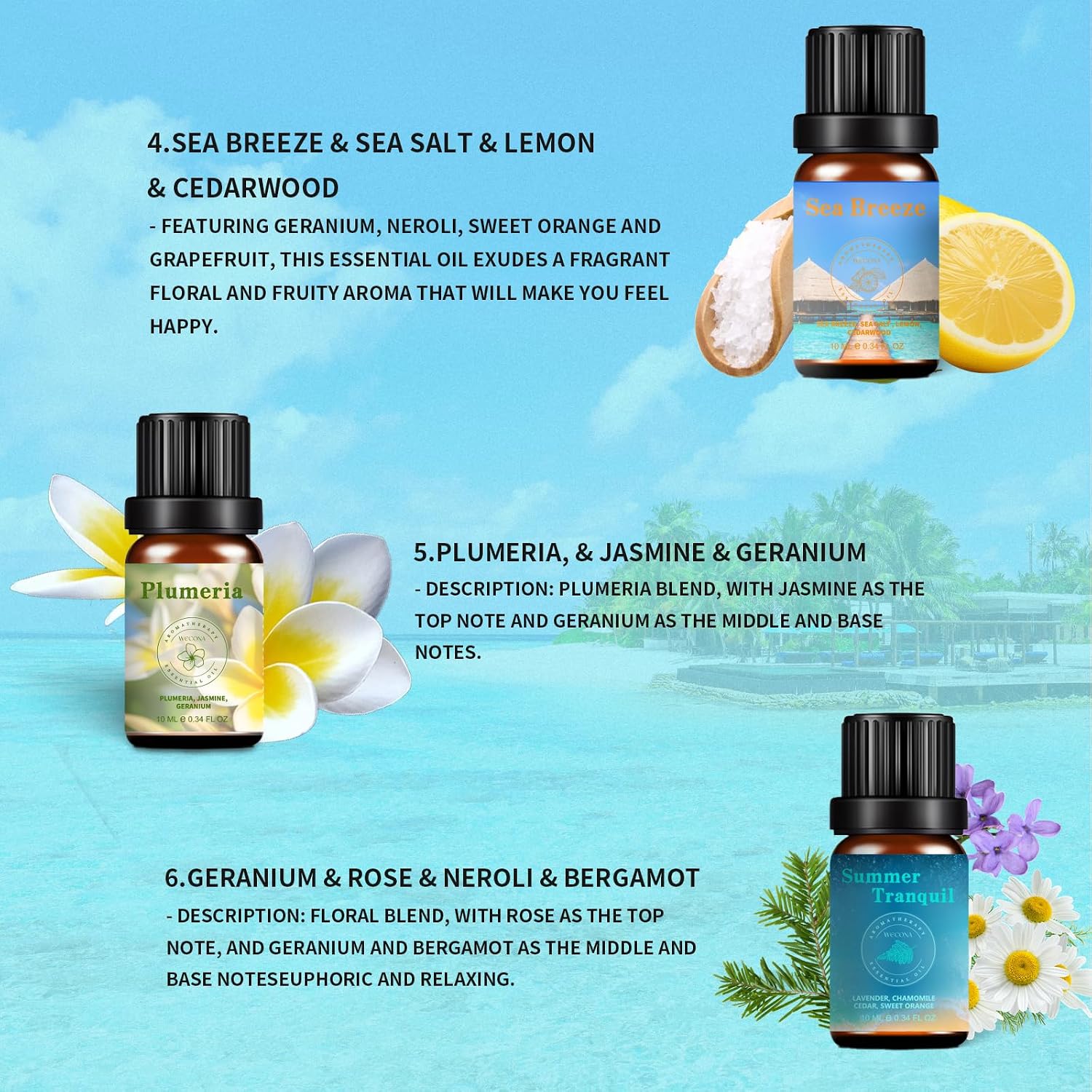 Detalle de Wecona Summer Essential Oils Set (6x10ml) with Bottle Opener – Pure Plant Extract Blends