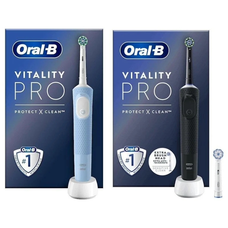 Detalle de Oral-B Vitality Pro Pack: cepillo eléctrico recargable con cabezal extra (azul y negro) para una higiene bucal de precisión