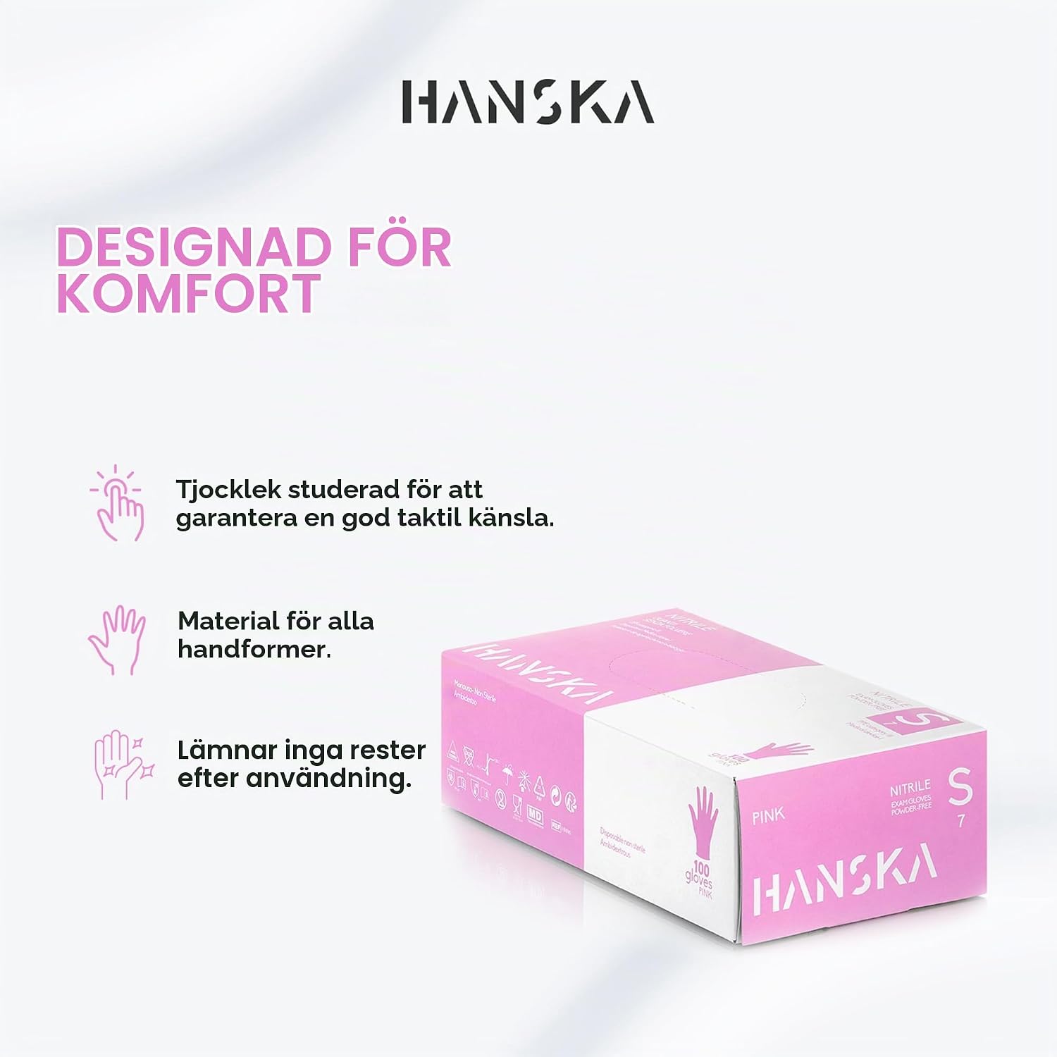 Detalle 2 de HANSKA 100 rosa nitrilhandskar för engångsbruk, puderfria, storlek S