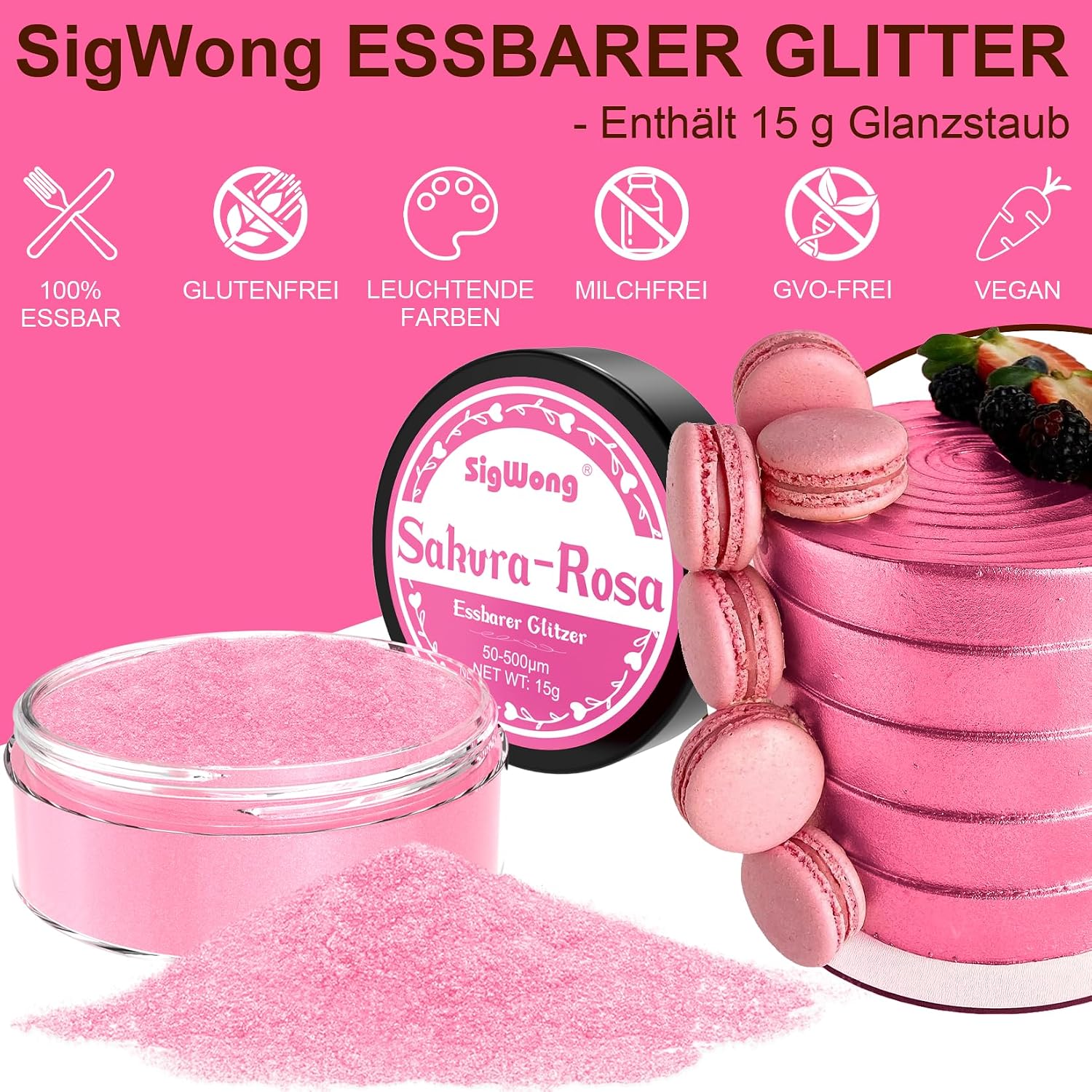 Detalle de SigWong Essbarer Glitzer – 15 g Sakura Rosa, Glitzerpulver fürs Getränk und Backen