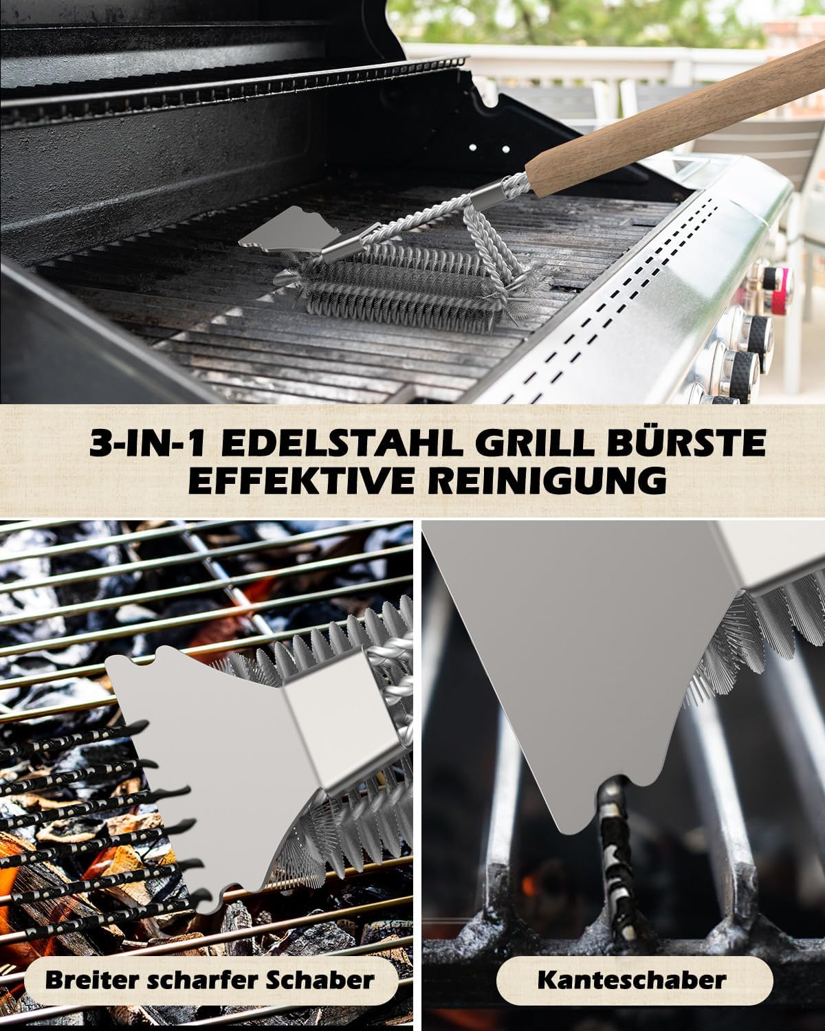 Thumbnail 2 de Grillbürste mit Holzgriff und Edelstahlschaber – 39 cm extra langer Reinigungsgriff für Grillrost