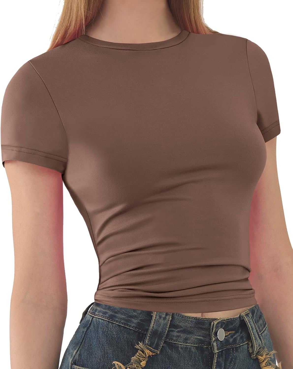 Detalle 2 de Kurzarm Damen T-Shirts Rundhals Sommer Basic Eng Y2K Tops – Einfarbig, XS–XXL