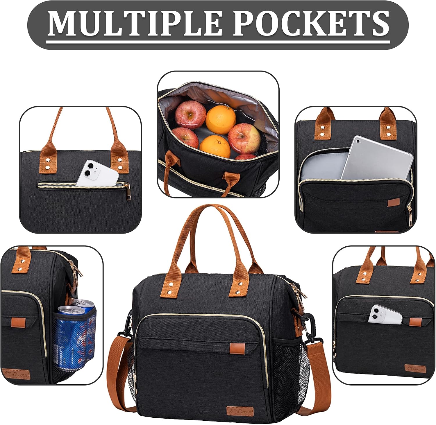 Detalle 2 de TuErcao Black Insulated Lunch Bag, 11 L with Adjustable Shoulder Strap