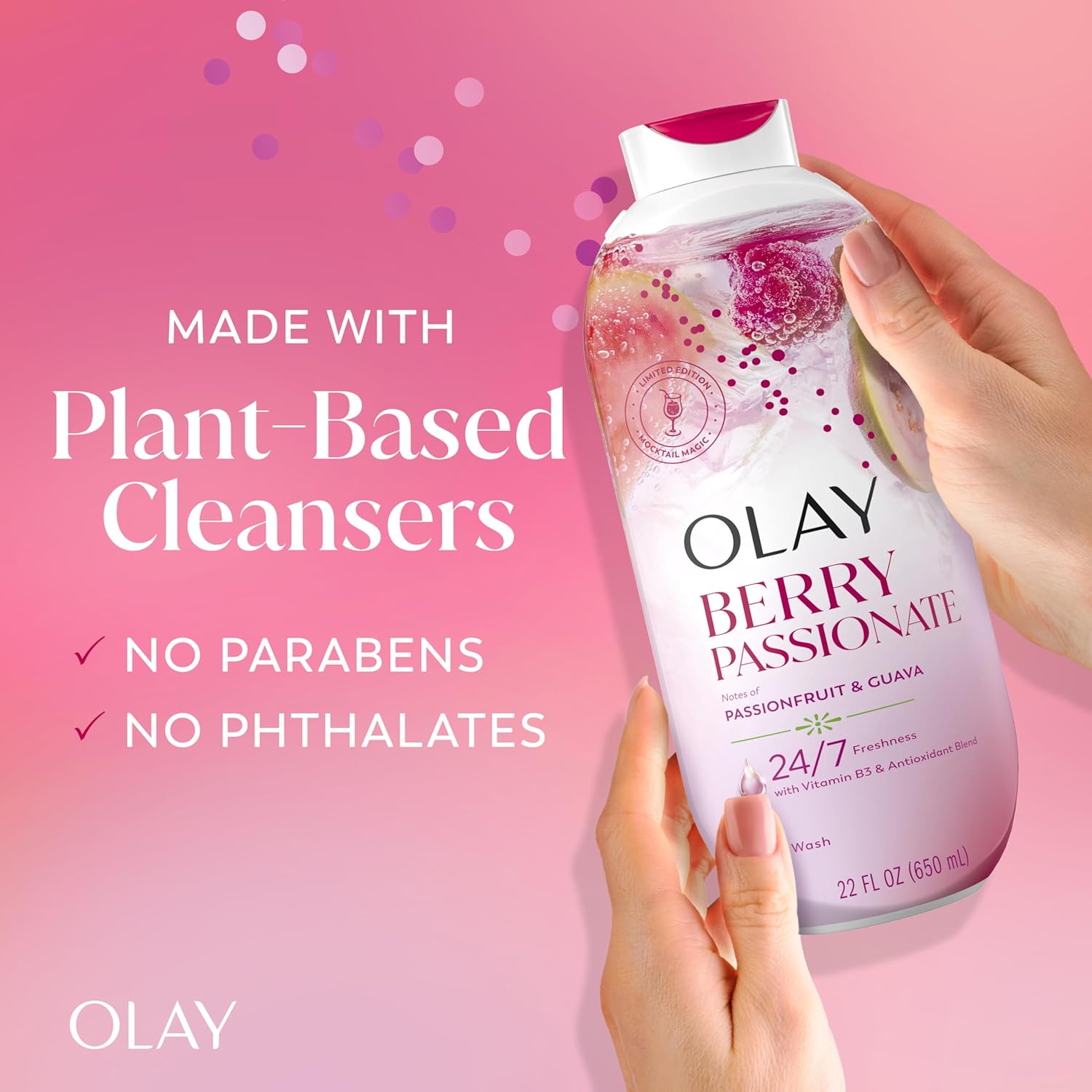 Thumbnail 4 de Olay Berry Passionate Body Wash for Women (Vitamin B3 & Antioxidants), Plant-Based Cleanser, Miami Mocktails Scent, 22 fl oz