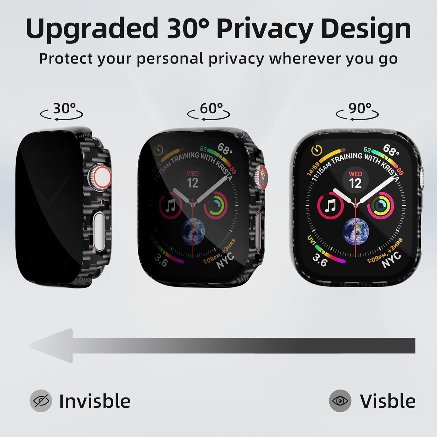 Thumbnail 1 de 2 Pack Privacy Screen Protector Case for Apple Watch 41mm (Series 9/8/7) – Anti-Peeping, 9H Tempered Glass, Carbon Fibre PC Bumper