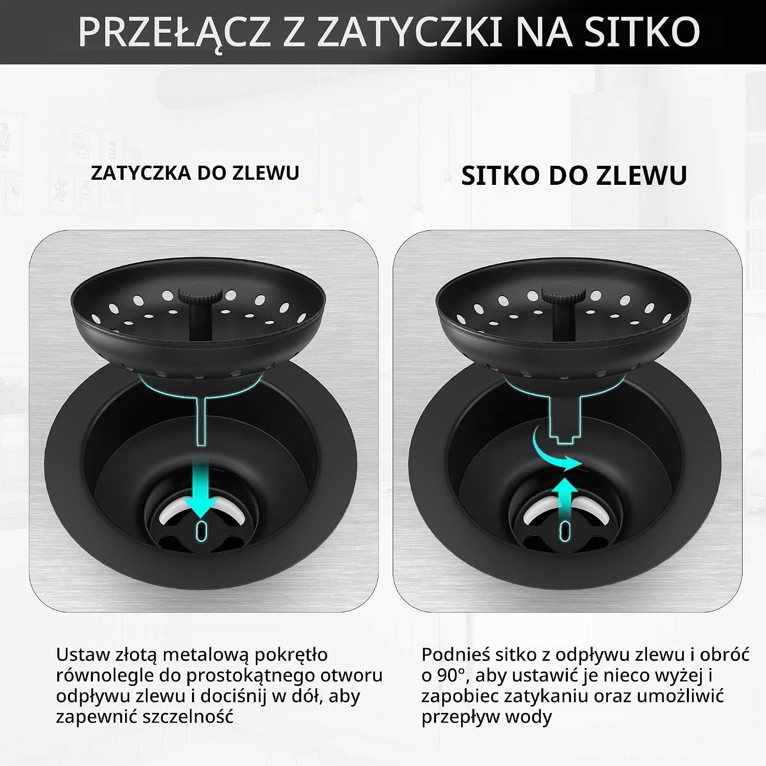 Detalle de EXAKEY odpływ do zlewu kuchennego, stal 304, matowa czerń i wyjmowany koszyk