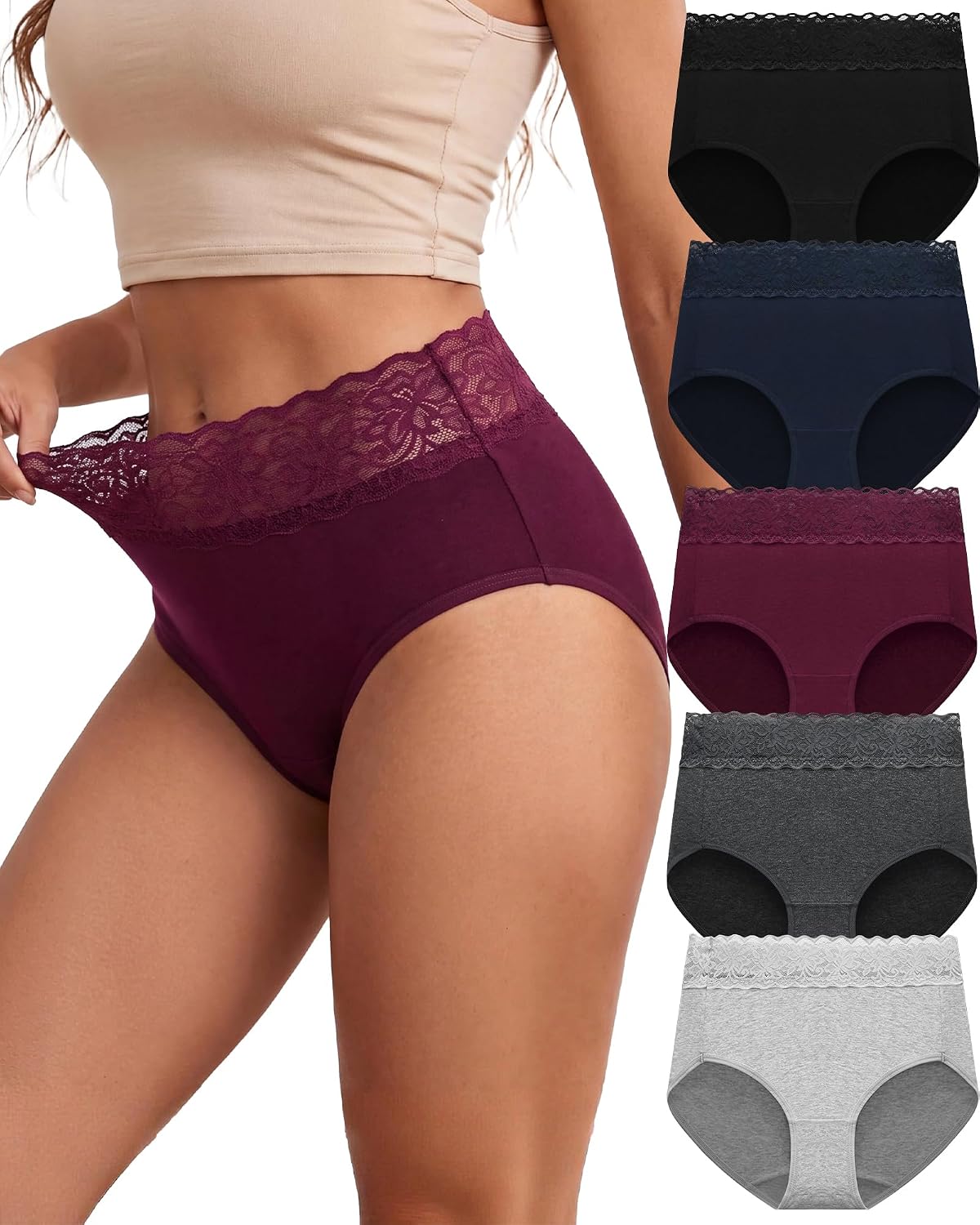 Detalle de ALTHEANRAY High-Waisted Cotton Lace Panties, Full-Coverage Brief