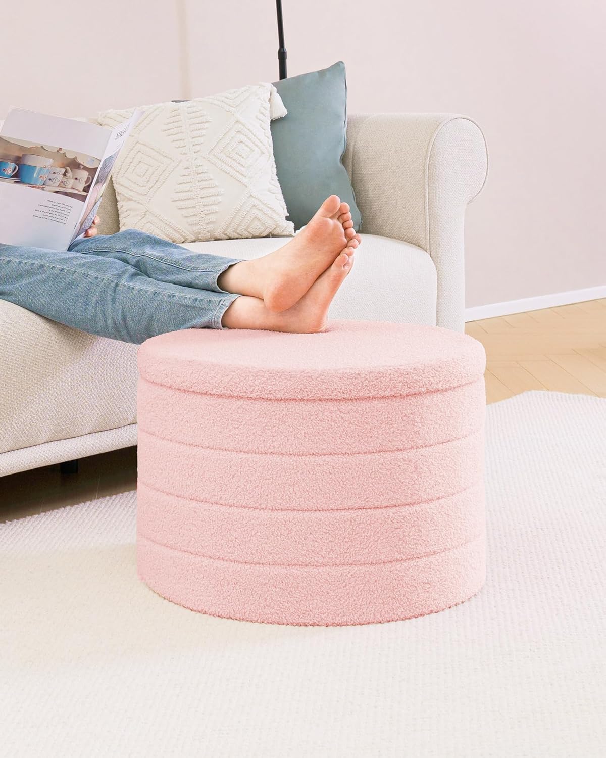 Thumbnail 3 de Bonlife Extra Large Folding Round Ottoman with Storage (Boucle) – Pink, 56 x 56 x 40cm
