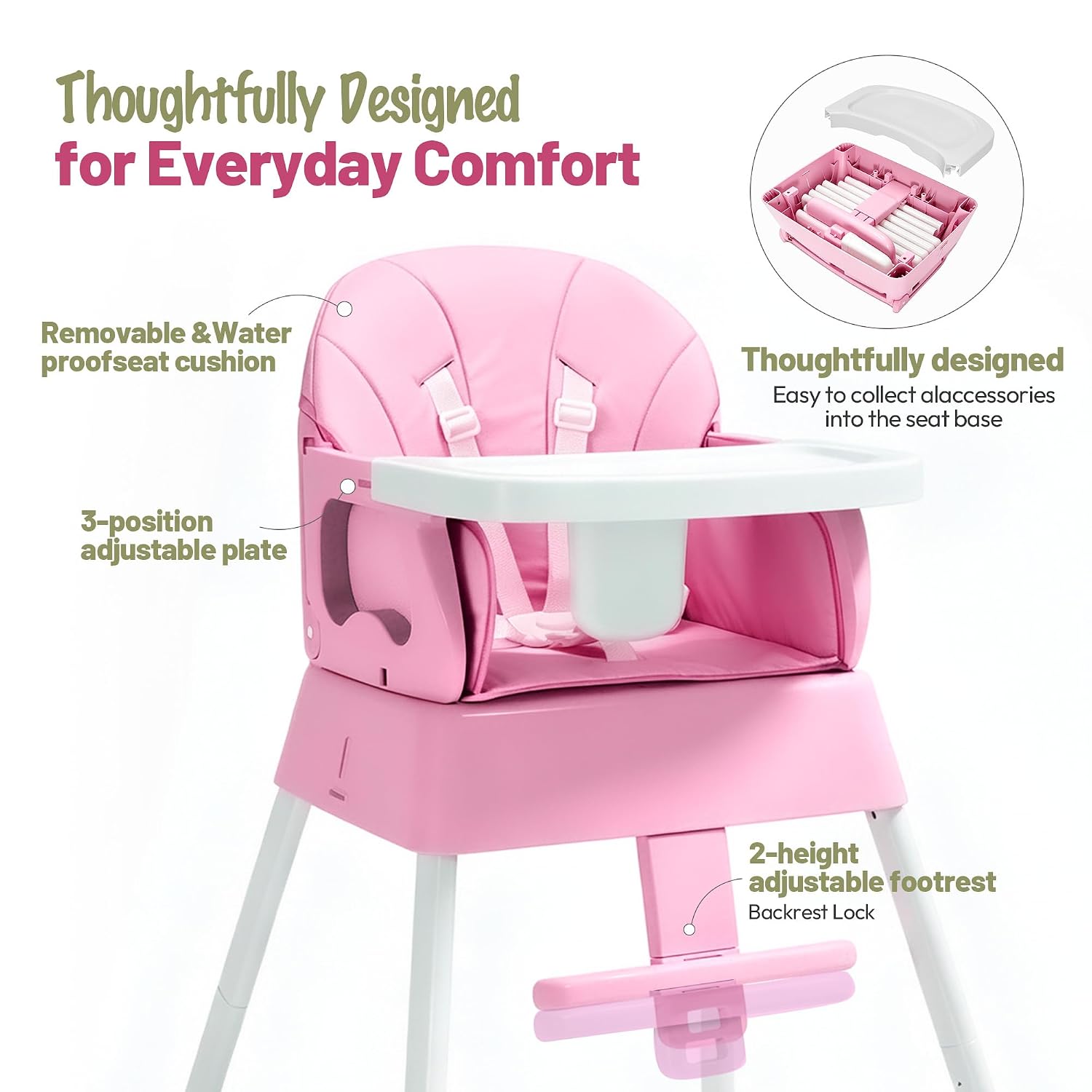 Detalle de BABHAMNESS 5-in-1 Foldable Baby High Chair with 5-Point Harness, Pink