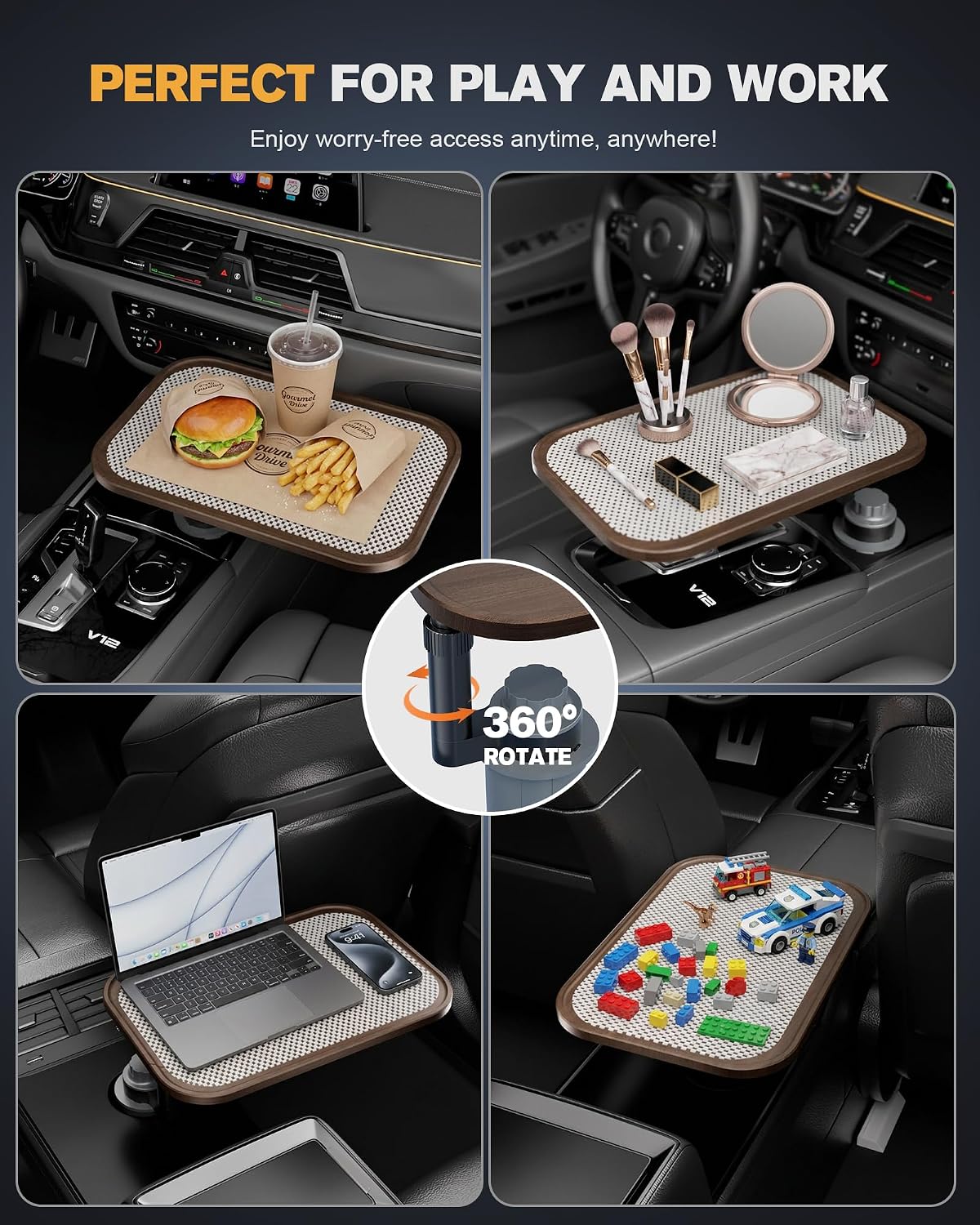 Detalle de Aucoza Car Desk with Adjustable Height, Wood-Grain Finish and Rotating Cup Holder