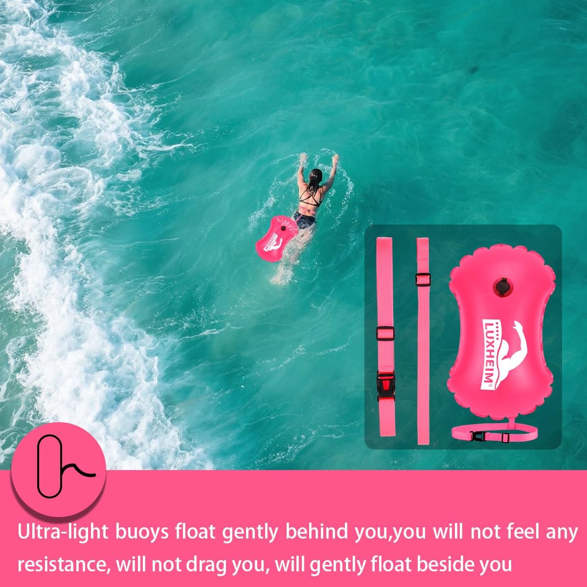 Detalle de LUXHEIM 2er‑Pack Schleppschwimmer für Offenes Wasser – Leuchtende Sichtbarkeit, verstellbarer Gürtel, wasserdicht