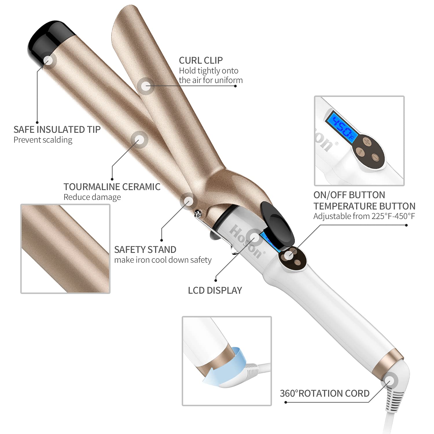 Detalle 2 de Hoson 1.5 Inch Curling Iron Large Barrel (Dual Voltage) with LCD, Ceramic Tourmaline, Glove Included