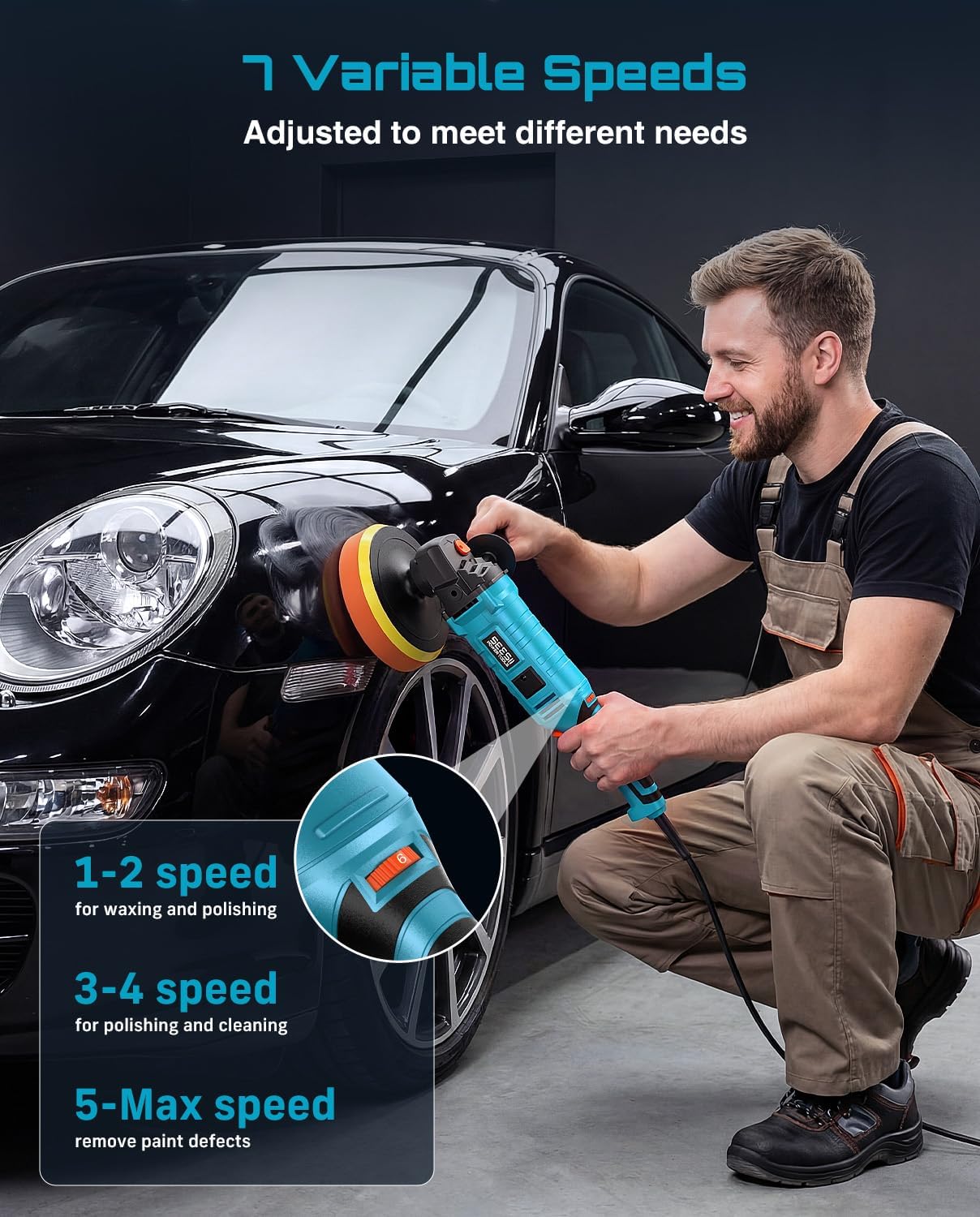 Detalle de SEESII TS512 Rotary Car Buffer Polisher, 1600W, 7 Speeds, 6/7-Inch Pads