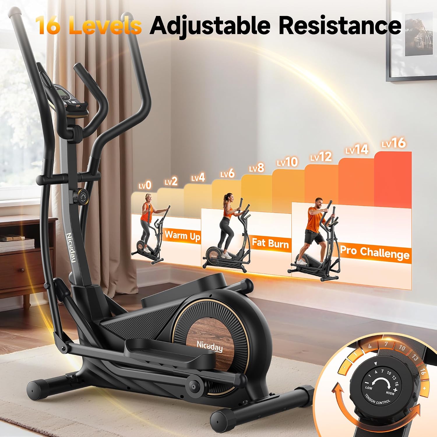 Detalle 1 de Niceday CT11S-18-Black Elliptical Machine, 18-Inch Stride, 16 Resistance Levels