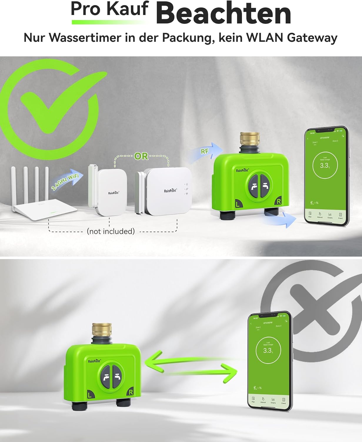 Thumbnail 1 de RAINPOINT WLAN-Bewässerungscomputer mit 2 Ausgängen (Messingeinlass) – 6 Bewässerungspläne, ohne WLAN-Gateway