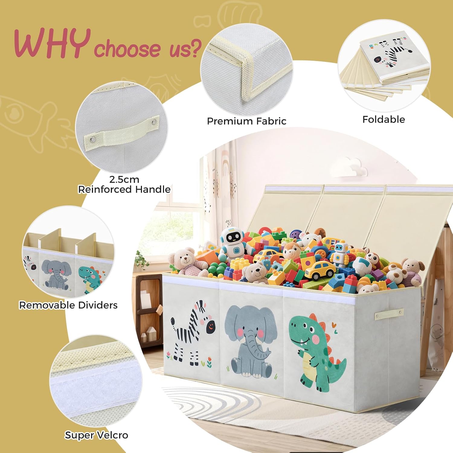 Detalle de ELUCHANG 147L Large Foldable Toy Storage Box – 103 x 34 x 42 cm, Beige