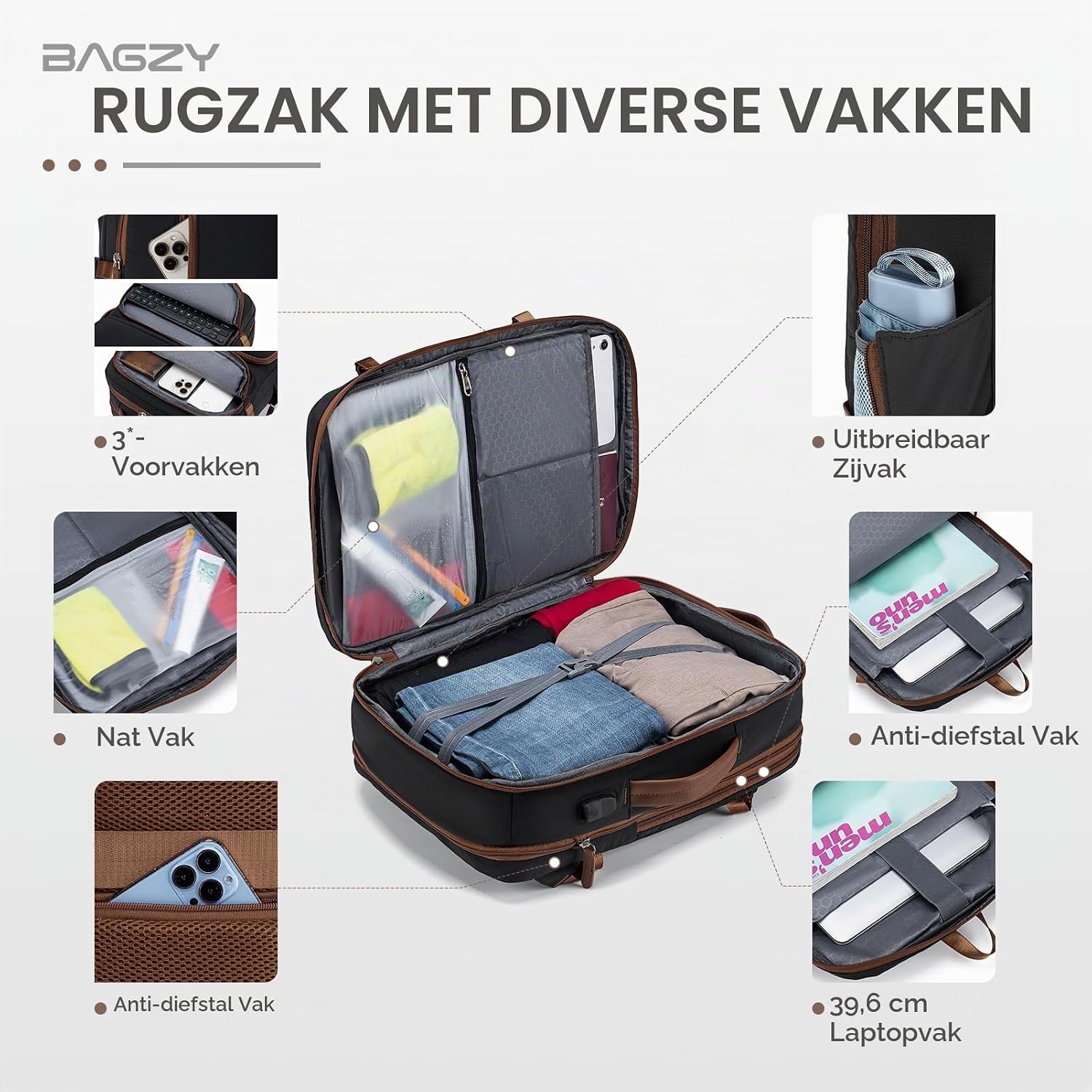 Thumbnail 6 de BAGZY handbagage-rugzak, uitbreidbaar tot 25 liter, met 15,6-inch laptopvak