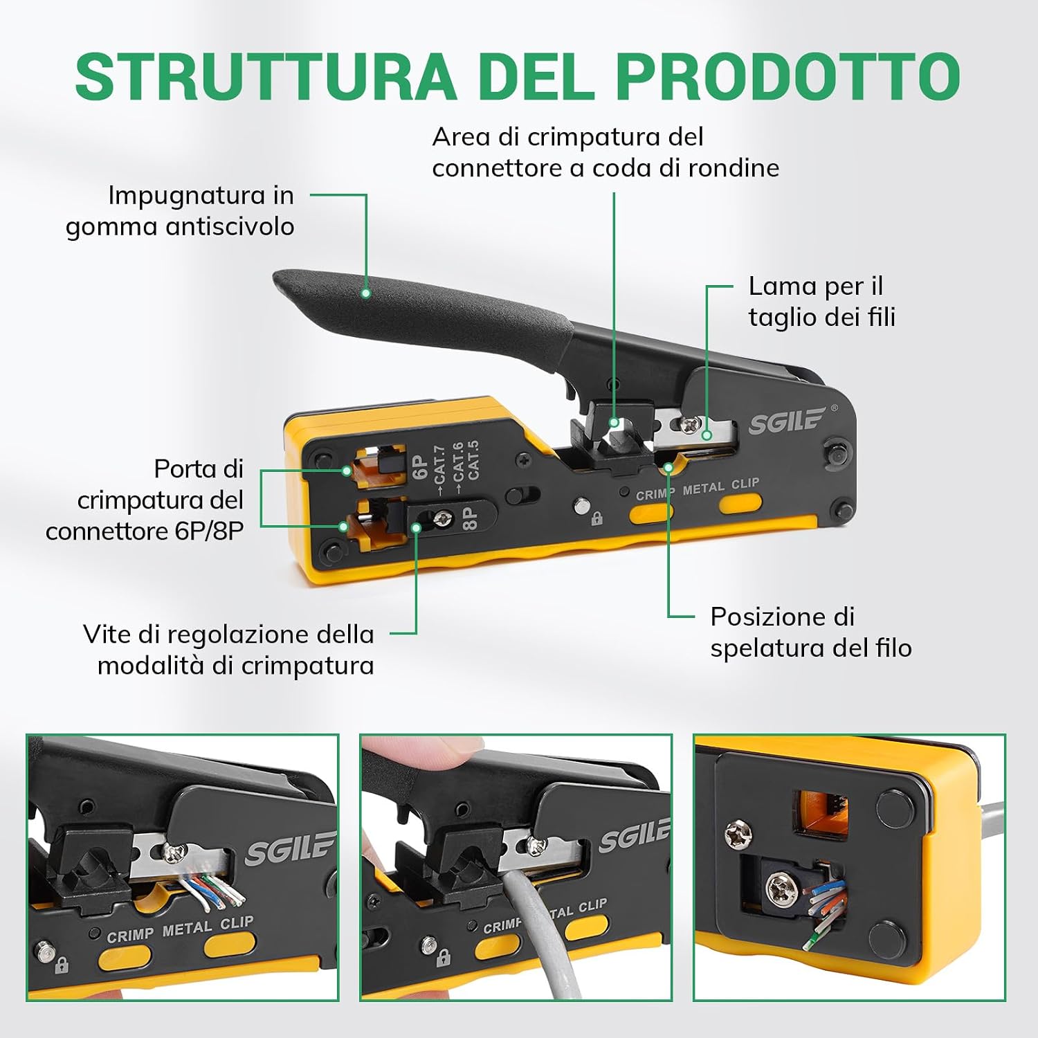 Detalle de SGILE Kit di Attrezzi per Rete: Pass Through RJ45 e Set Connettori CAT6, completo di strumento di ispezione e spelafili