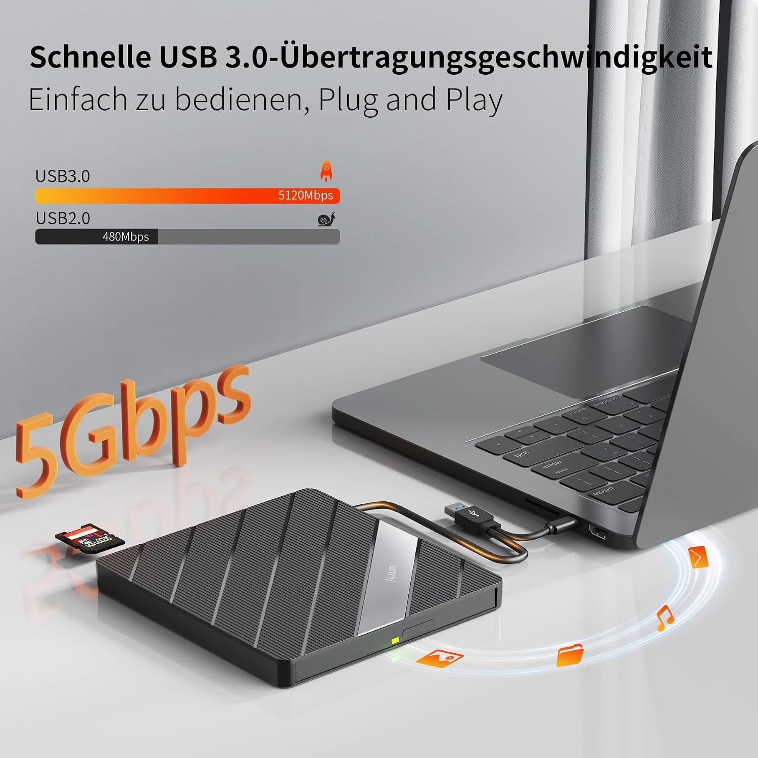 Detalle 2 de Alxum externes DVD-Laufwerk (USB 3.0, Type-C) mit CD-Brenner, SD/TF-Kartenleser