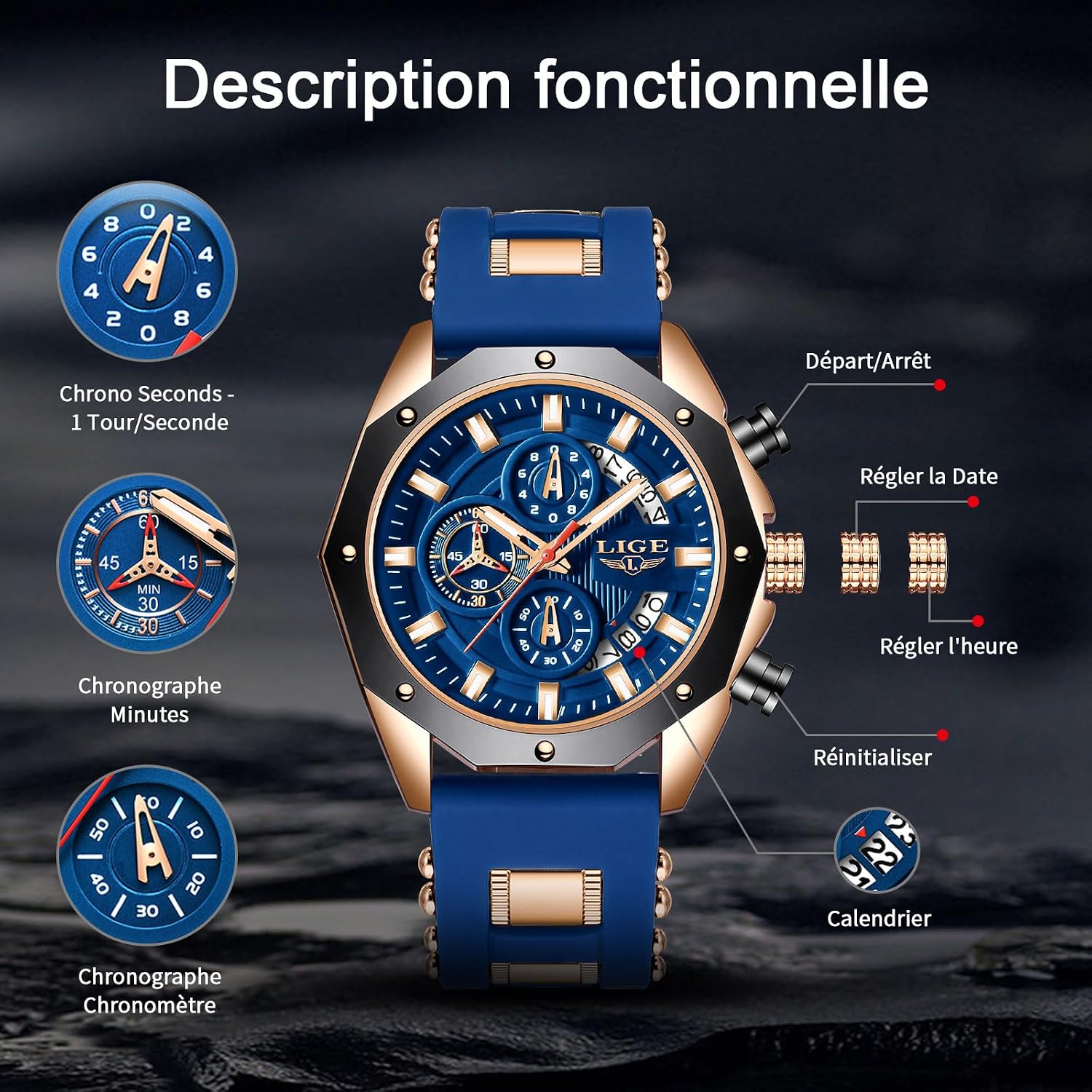 Thumbnail 3 de LIGE Montre Homme Vintage Chronographe – Or Rose Bleu, 3ATM