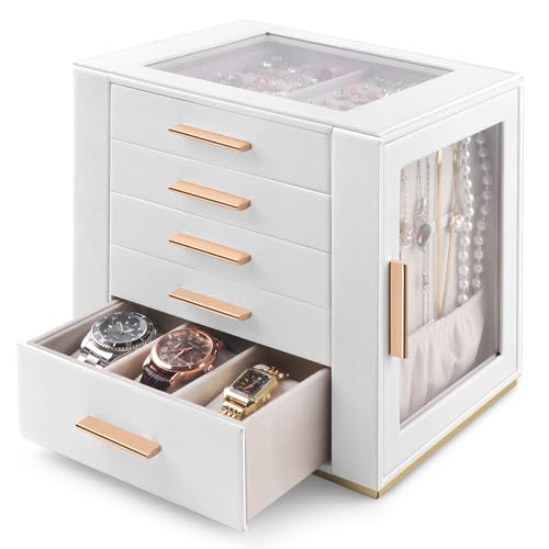 Detalle de Homeanda Jewellery Box, Large 5-Layer Organiser Case with Glass Lid in White