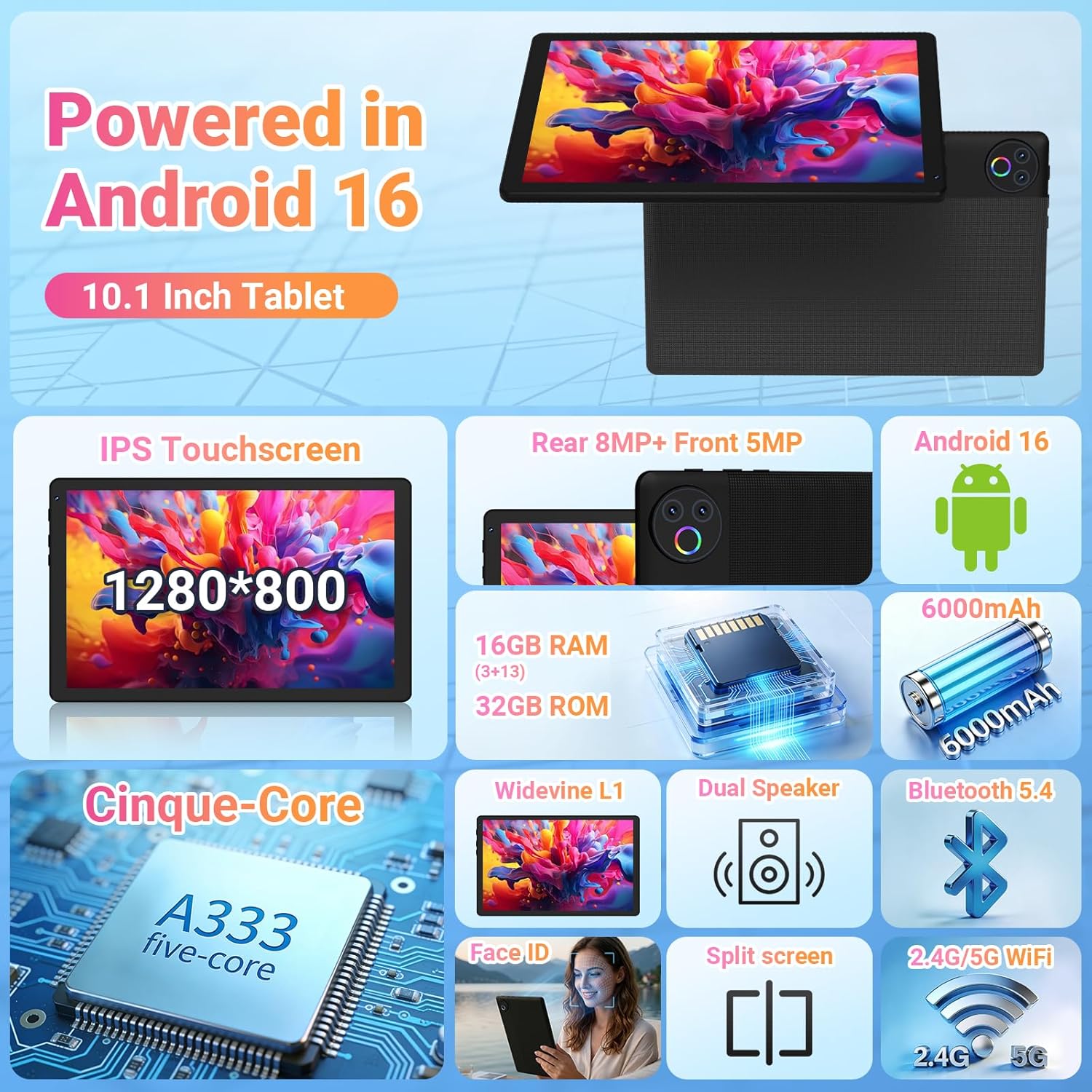 Thumbnail 2 de Gleeso 10-inch Android 16 Tablet (16GB RAM, 1TB TF, Widevine L1, BT 5.4/5G WiFi) with Face Unlock – Black