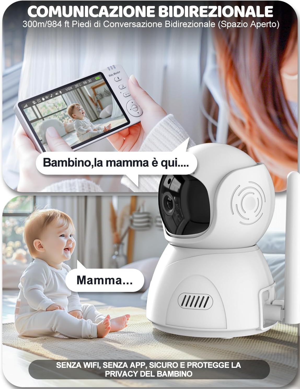 Thumbnail 6 de BURNNOVE Baby Monitor Video e Audio da 5” con videocamera 720P, visione notturna e PTZ 355° (senza Wi‑Fi)
