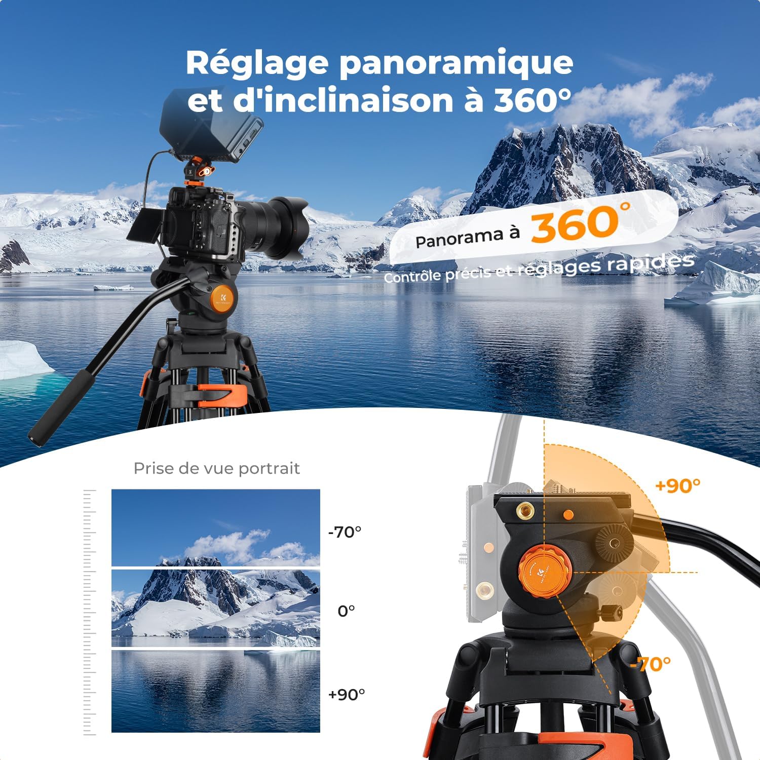 Detalle de K&F CONCEPT Trépied Vidéo 202 cm avec tête fluide et charge max 8 kg
