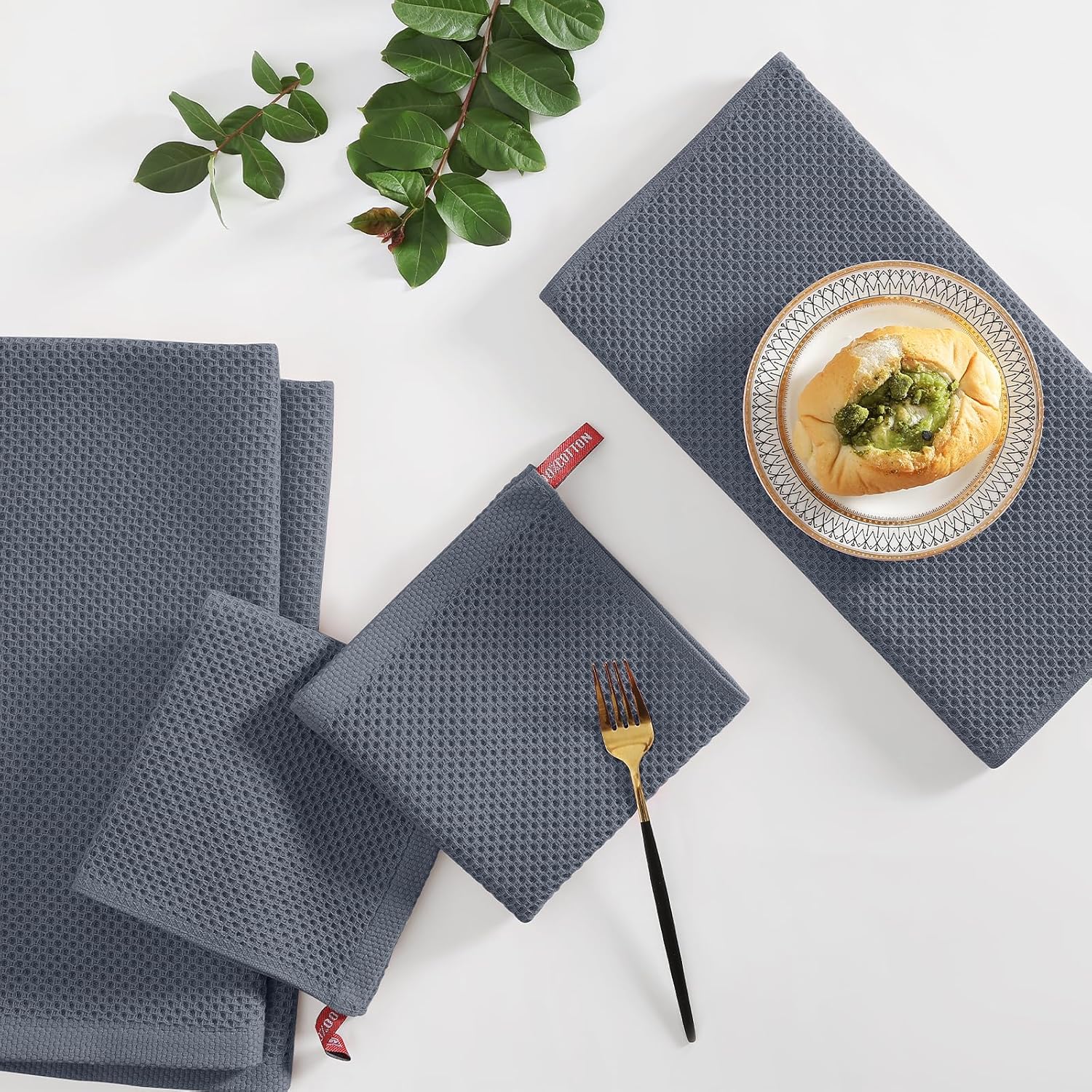 Detalle 2 de Homaxy 100% Cotton Kitchen Towels & Dishcloths Set (10-Pack) — 12x12" & 13x28", Dark Grey