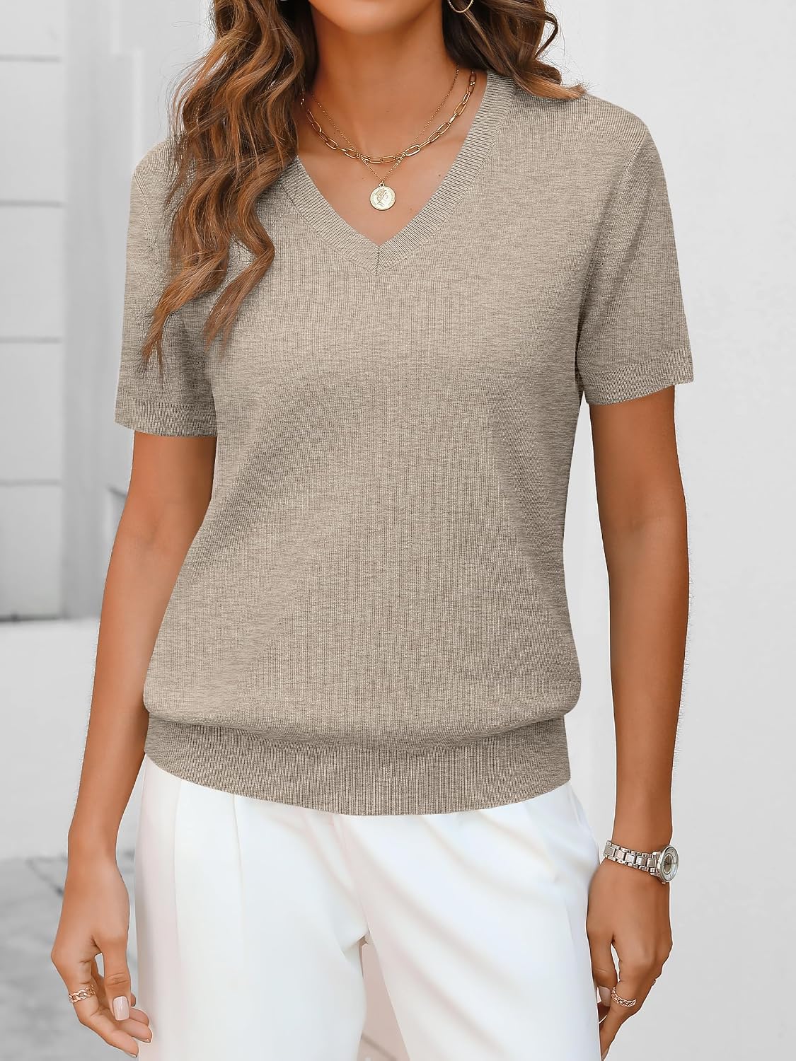 Detalle 2 de ANRABESS Women Wool Blend Sweater Short Sleeve V-Neck Pullover (Summer Business Casual)