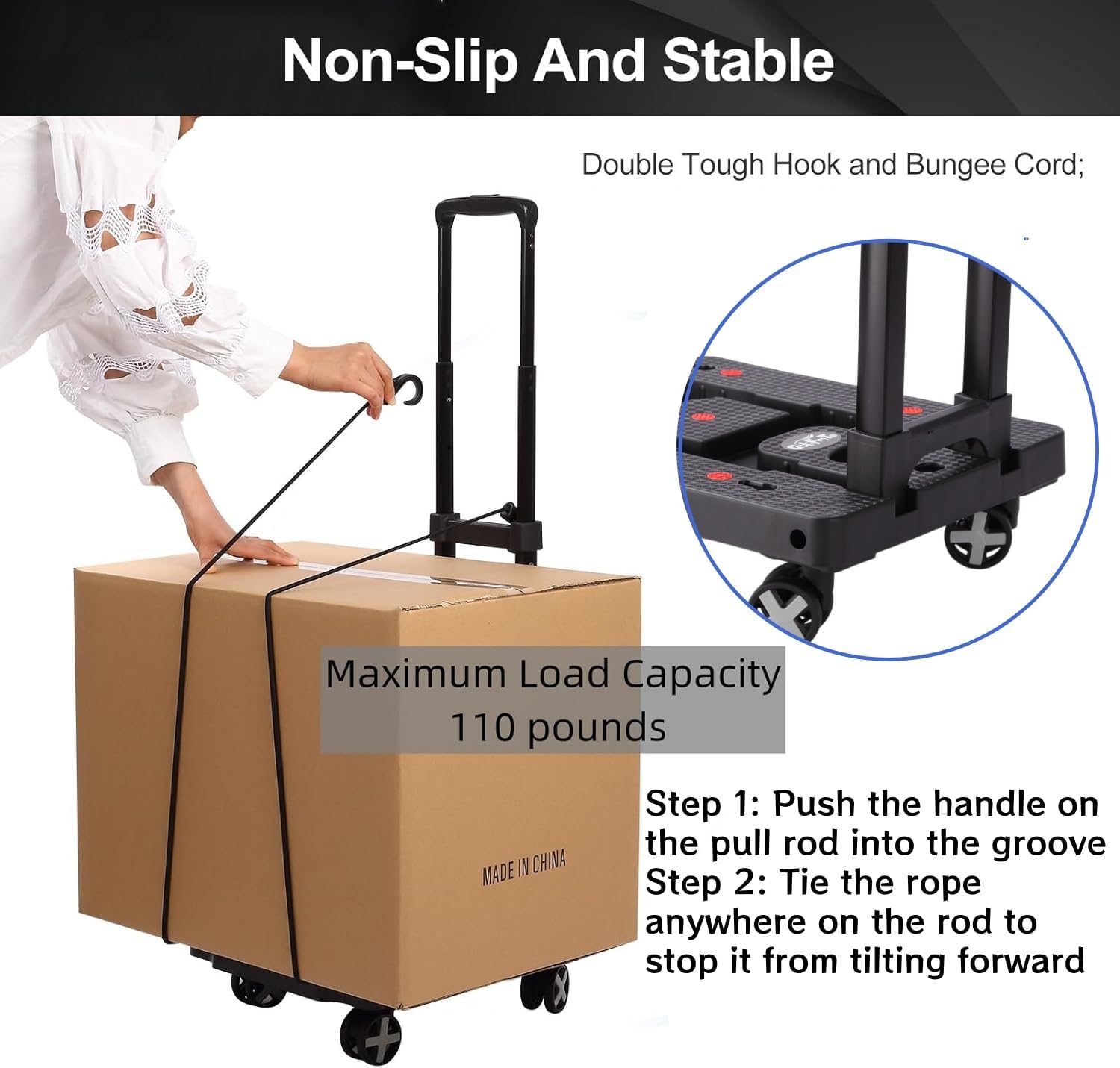 Detalle 2 de GtIiFmTe GtIiFmTe-001 Foldable Hand Truck, 4 Swivel Wheels, 3 Bungee Cords