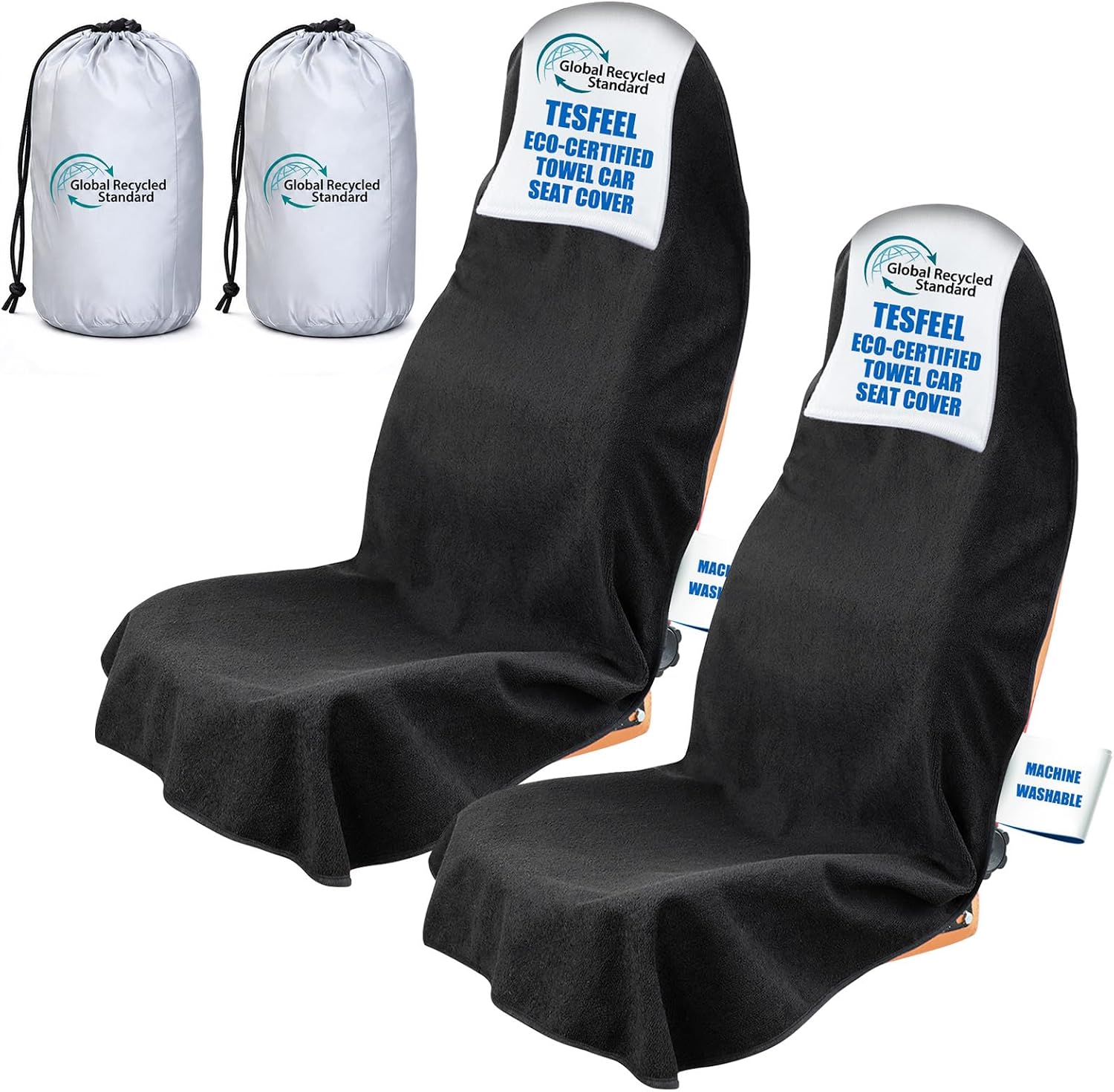 Detalle de TESFEEL Towel Car Seat Cover (GRS Certified Recycled Microfiber), Non-Slip Universal Front Protector — 2-Pack, Black