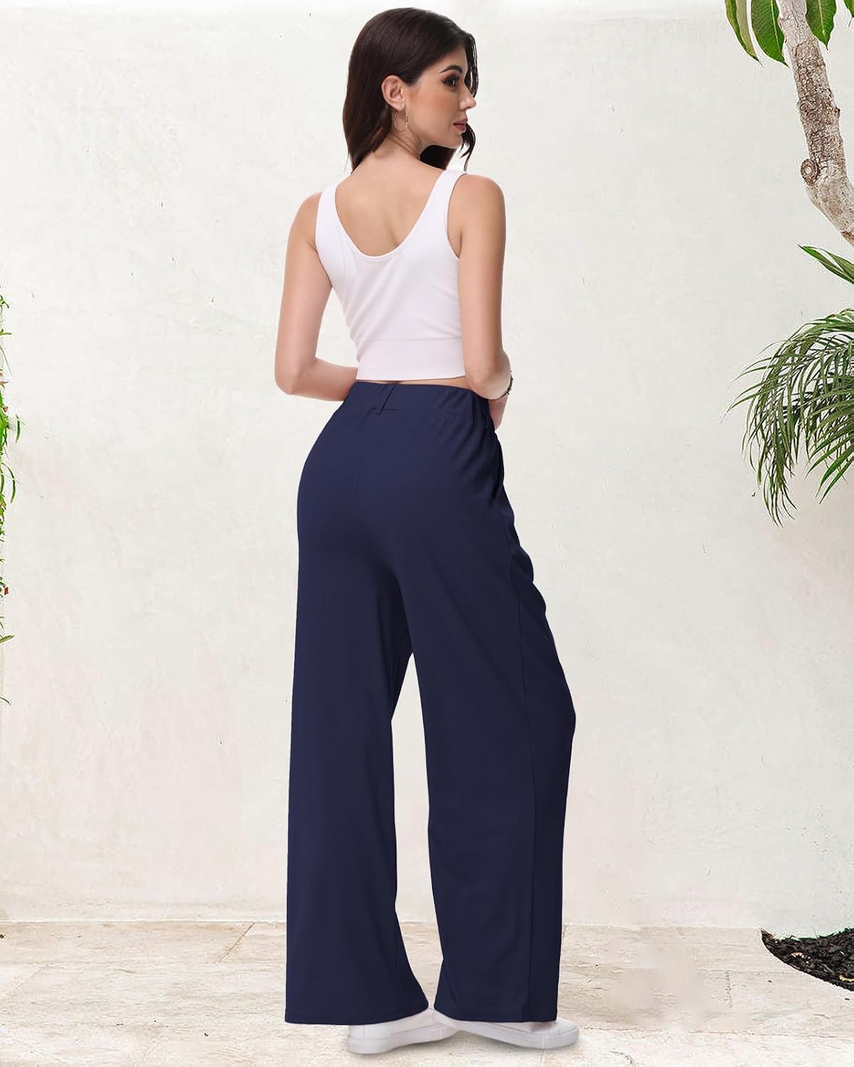 Detalle 2 de HMIYA Weite Hosen Damen – bügelfreie Palazzo- Stoffhose mit hoher Taille und Taschen