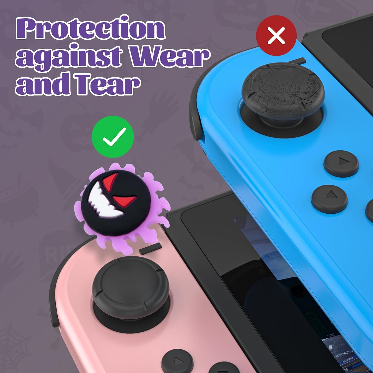 Detalle 2 de NANANINO Glow-in-the-Dark Ghost Thumb Grips for Nintendo Switch, 4 Silicone Caps