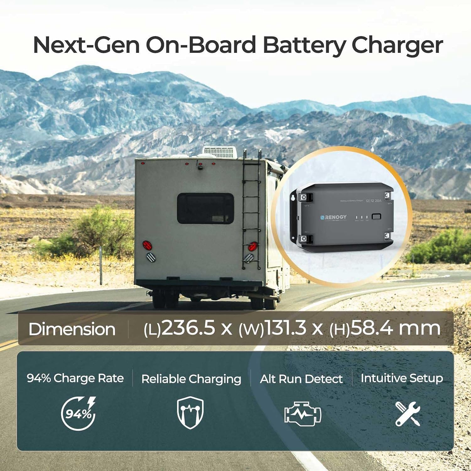 Detalle de Renogy 12V DC to DC Battery Charger 20A – intelligent converter with alternator detection & Bluetooth control